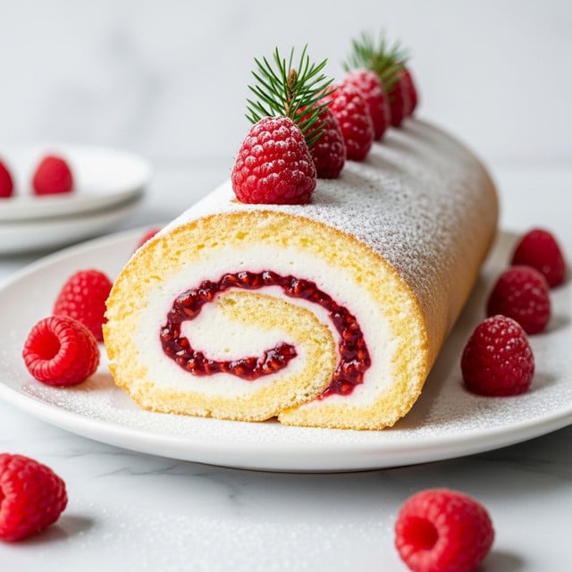 A rolled cake with two main layers is shown: the outer layer is light golden sponge cake, soft and airy, wrapped around a thick white creamy filling; inside the cream is a bright red raspberry jam swirl with visible jam pieces. The outside of the roll is dusted with powdered sugar, and the top is decorated with fresh red raspberries and a small green pine leaf sprig. Additional raspberries and more powdered sugar are scattered around the white plate, which sits on a white marbled surface. Photo taken with an iphone --ar 4:5 --v 7