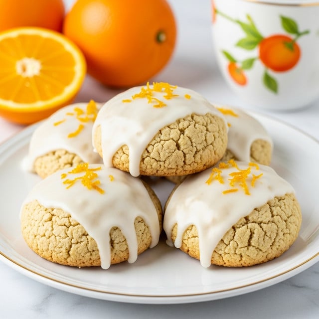 A close-up of four round cookies with a rough texture, covered with white icing dripping down the sides, and topped with small pieces of orange zest. The cookies are stacked on a white plate with a slight rim, set against a white marbled surface. In the background, there are whole and halved oranges and a white cup with orange and green floral designs, slightly blurred. photo taken with an iphone --ar 4:5 --v 7