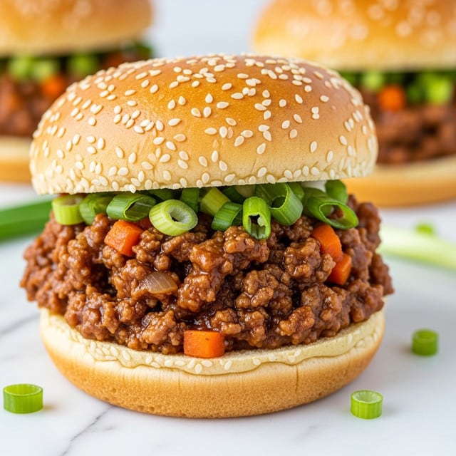 A close-up view of a sandwich with three main layers stacked between a sesame seed-topped bun, all placed on a white marbled surface. The bottom layer shows a soft, light golden bread. On top of it, there is a thick, chunky layer of saucy minced meat mixed with small pieces of vegetables like orange carrots and onions, coated in a rich brown sauce. Over this meat layer sits a fresh green topping of chopped green onions, adding a pop of color under the top sesame bun, which is golden brown and slightly shiny. In the blurred background, two similar sandwiches are visible, and some green onion pieces are scattered on the surface. photo taken with an iphone --ar 4:5 --v 7