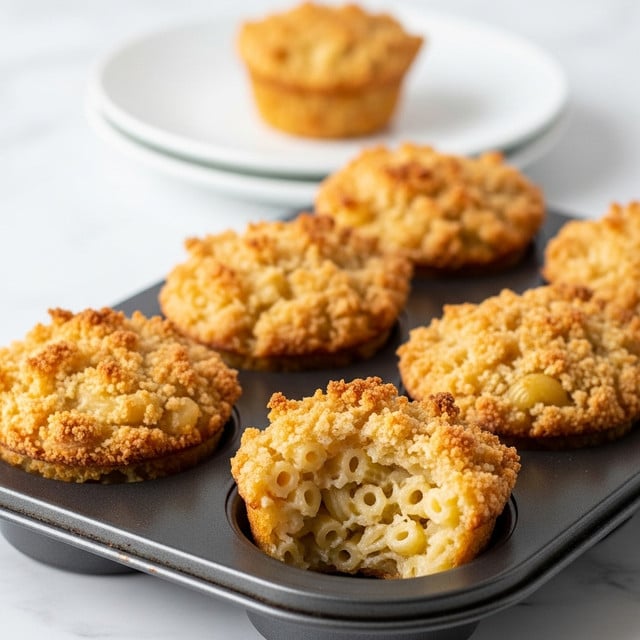 A close-up view of six golden-brown, baked macaroni and cheese muffins in a dark metal muffin tray, each muffin with a slightly crispy, crumbly top layer and a soft, gooey interior visible in one muffin that is partially eaten, showing tender macaroni pasta covered in melted cheese. In the background, one muffin sits on a white plate, all placed on a white marbled surface. Photo taken with an iphone --ar 4:5 --v 7