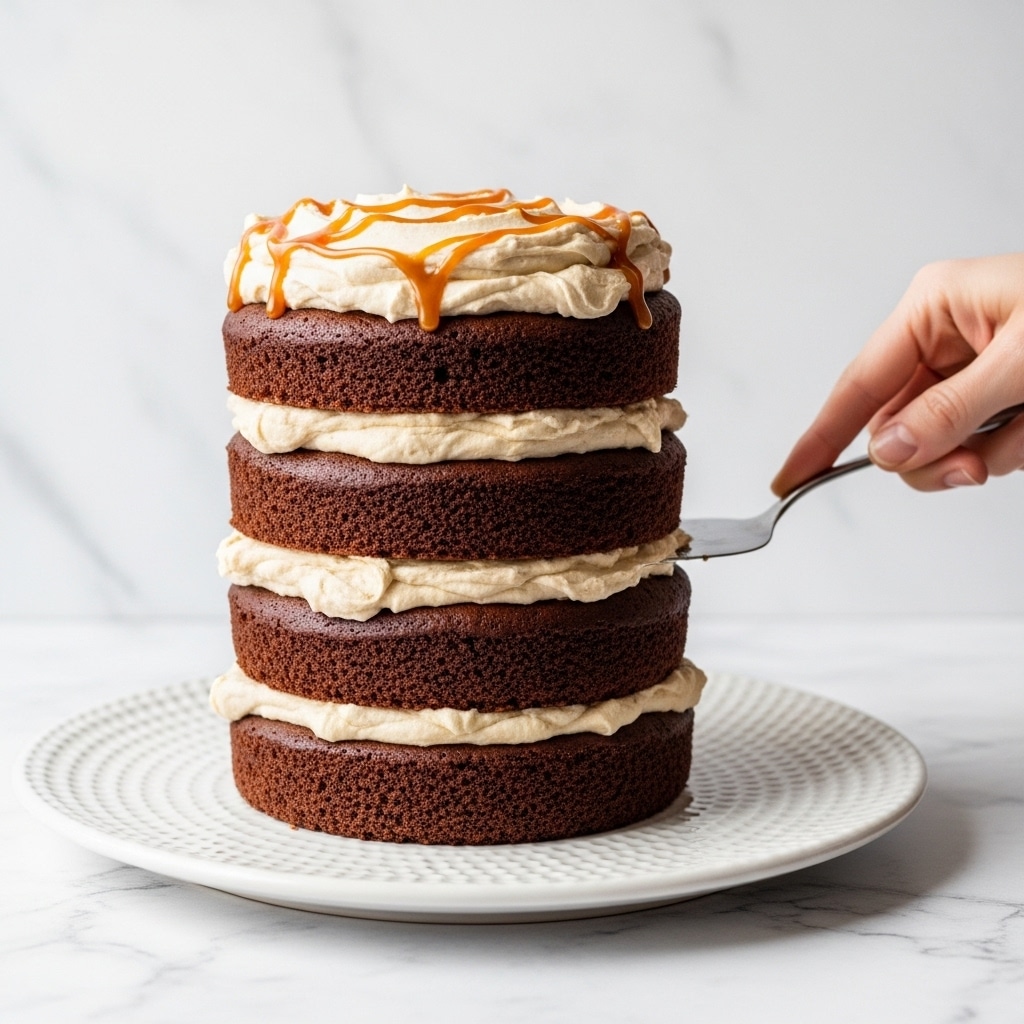 A three-layer brown cake with a soft and moist texture is held up by a woman's hand using a silver cake server. Each layer is separated by a light tan cream frosting, with more frosting covering the top and sides in smooth, wavy swirls. The cake is set on a textured white plate, against a white marbled surface background, and the top frosting has a slight glossy finish with some caramel-colored drizzle. Photo taken with an iphone --ar 4:5 --v 7