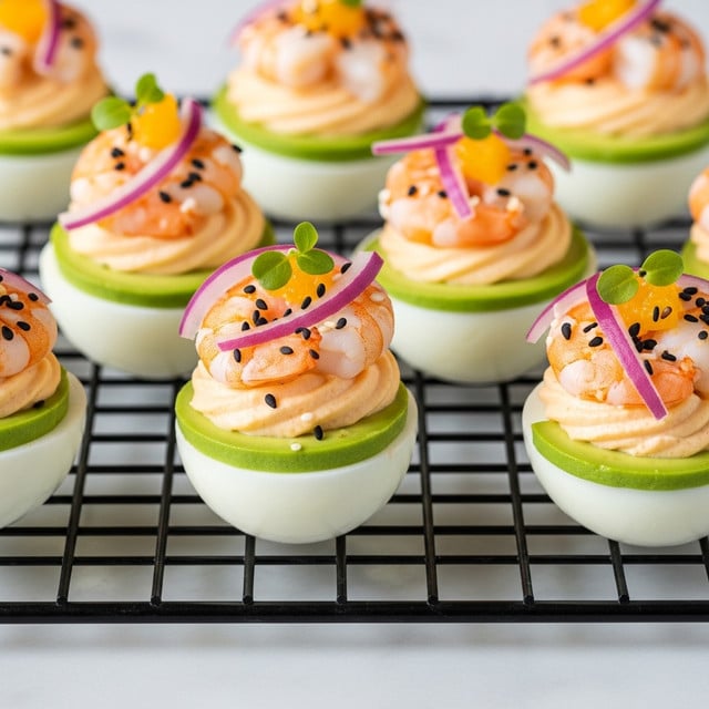 The image shows several deviled eggs arranged on a black cooling rack over a white marbled surface. Each deviled egg has three visible layers: a smooth white egg white base, a thin bright green layer of sliced avocado on top, and a creamy light orange shrimp mixture crowning each egg. The shrimp mix is dotted with small black sesame seeds and garnished with thin slices of red onion, finely chopped orange bits, and tiny green herbs, adding texture and color contrast. The composition is clean and bright with natural lighting highlighting the fresh ingredients. Photo taken with an iphone --ar 4:5 --v 7