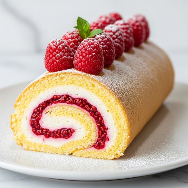 A rolled cake with three visible layers: a light yellow soft sponge as the outer layer, a creamy white filling with a smooth texture as the middle layer, and a vibrant red raspberry filling with visible seeds as the inner layer. The cake is topped with fresh bright red raspberries arranged in a row and a small green herb sprig on top. Powdered sugar is lightly dusted over the cake, raspberries, and the white plate it sits on. The background has a white marbled texture. photo taken with an iphone --ar 4:5 --v 7