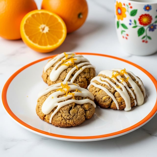 The image shows three cookies on a white plate with a glossy orange rim, placed on a white marbled surface. Each cookie has a rough, chunky texture with visible bits inside, and they are topped with thick white icing drizzled unevenly across the top. Small bright orange zest pieces are scattered over the icing, adding a pop of color. In the background, there are two whole oranges and one cut in half, along with a white cup featuring a colorful floral design. The overall scene has a warm and cozy look. photo taken with an iphone --ar 4:5 --v 7