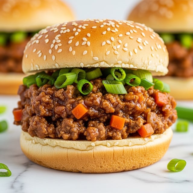 A close-up view of a sloppy joe sandwich with three layers: the top layer is a sesame seed-topped golden brown bun, the middle layer is a thick mix of saucy ground meat with small visible pieces of red peppers and onions, and the bottom layer is a plain soft bun. There are fresh green chopped scallions scattered on top of the meat and also around the sandwich on a white marbled surface. Two more similar sandwiches are softly blurred in the background. photo taken with an iphone --ar 4:5 --v 7