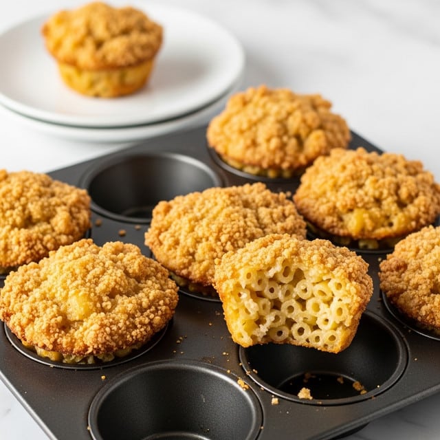 The image shows six golden brown baked macaroni and cheese muffins in a dark muffin tray with one muffin missing a bite, revealing soft, creamy pasta inside. The muffins have a rough, crumbly, crispy top layer with browned bits around the edges, giving a crunchy texture. In the background, one white plate holds a single muffin, slightly blurred, all placed on a white marbled surface. The warm colors of the muffins contrast with the cool, bright white of the plate and surface. Photo taken with an iphone --ar 4:5 --v 7