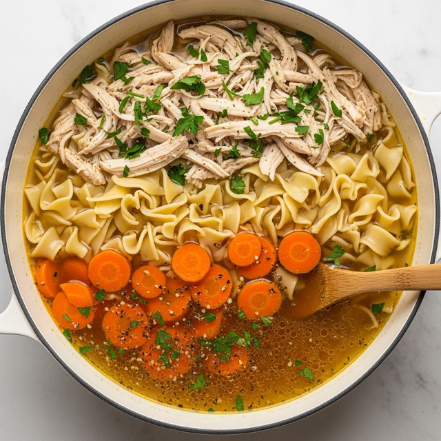 A close-up view of a white pot filled with chicken noodle soup, showing three main layers: a light golden broth base with visible bits of herbs and spices, a middle layer of soft orange carrot slices, and a top layer of shredded white chicken mixed with flat, pale yellow egg noodles. The soup has a slightly oily surface, and the herbs are scattered evenly throughout. A wooden spoon is partially dipped on the right side of the pot. The pot sits on a white marbled textured surface. photo taken with an iphone --ar 4:5 --v 7