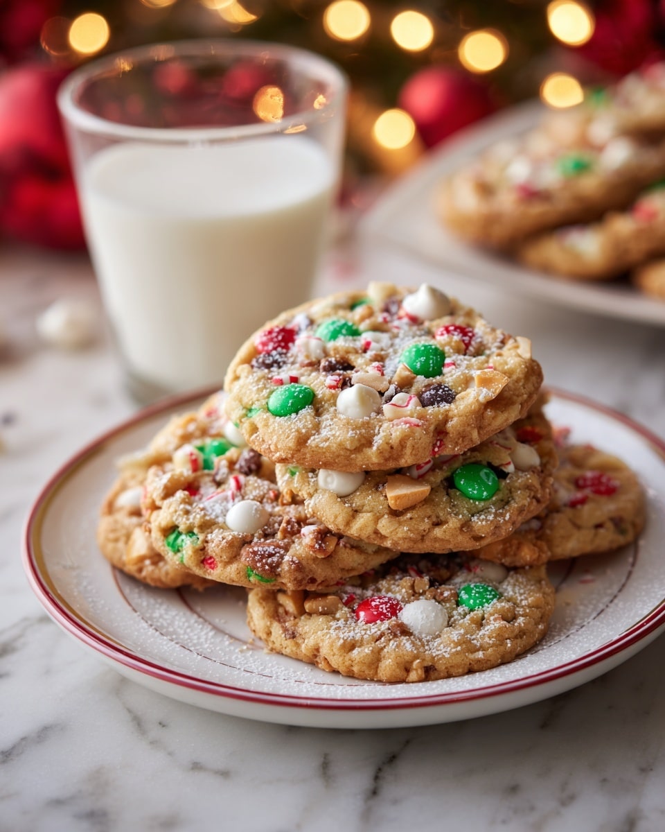A stack of five thick cookies is shown, each cookie studded with red and green candy-coated chocolate pieces, white chocolate chips, and small bits of nuts scattered throughout. The cookies are golden brown and lightly dusted with powdered sugar, giving a soft white dusting on the surface. The sides of the cookies have a crumbly texture and the cookies are stacked one on top of another on a warm wood surface with some cookie crumbs and nut pieces around. In the background, blurry Christmas lights and decorations add a cozy festive feel. Photo taken with an iphone --ar 4:5 --v 7