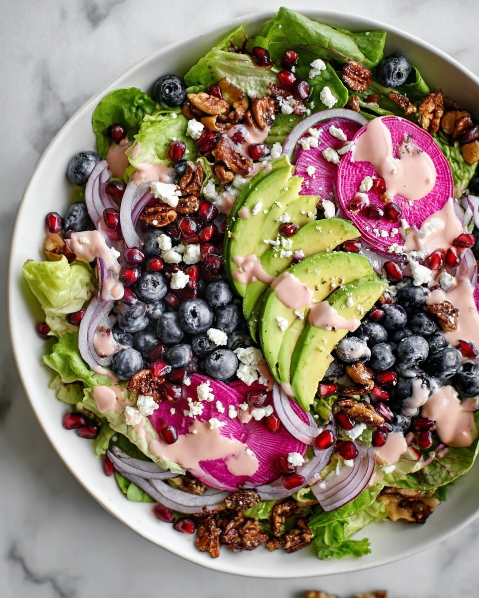 A vibrant salad arranged in a white bowl on a white marbled surface, showing multiple layers starting with a base of mixed leafy greens in various shades of green and purple. Scattered on top are thin, round slices of watermelon radish with a pink center and pale green edges, fanned slices of bright green avocado with creamy texture, and juicy blueberries. Thin curly slices of pale purple onion and red pomegranate seeds add pops of color and texture throughout. Small white crumbles of feta cheese are sprinkled over the salad, along with roasted pistachios glistening with a light sheen. A pink, creamy dressing is drizzled generously over the top, completing the colorful and fresh look. photo taken with an iphone --ar 4:5 --v 7