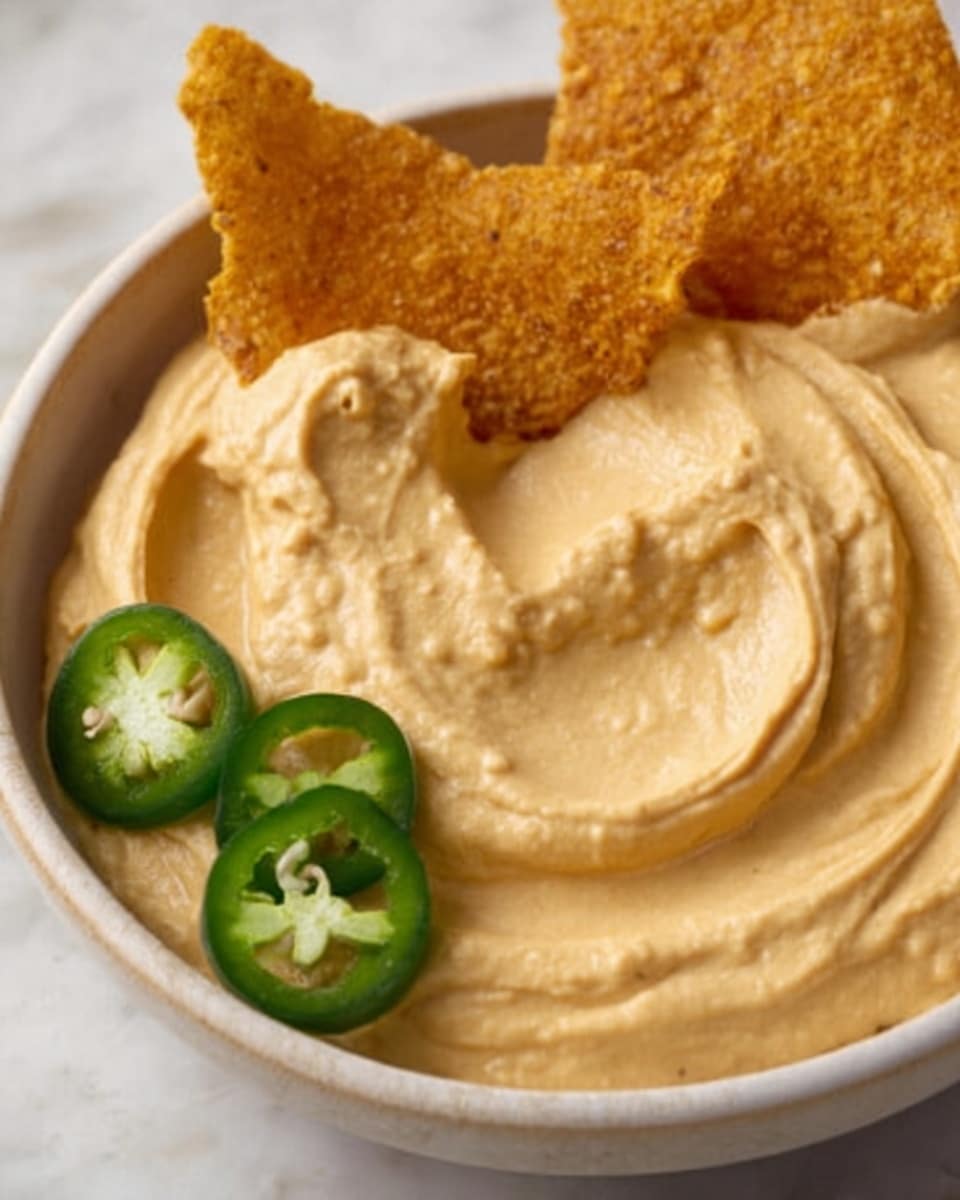 The image shows a smooth, creamy beige dip served in a white bowl with a brown rim, placed on a white marbled surface. On top of the dip, there are three slices of fresh green jalapeño with visible seeds on the right side, and two crispy, light golden tortilla chips partially dipped on the left side. The dip looks thick and soft with a few swirls on the surface. Photo taken with an iphone --ar 4:5 --v 7