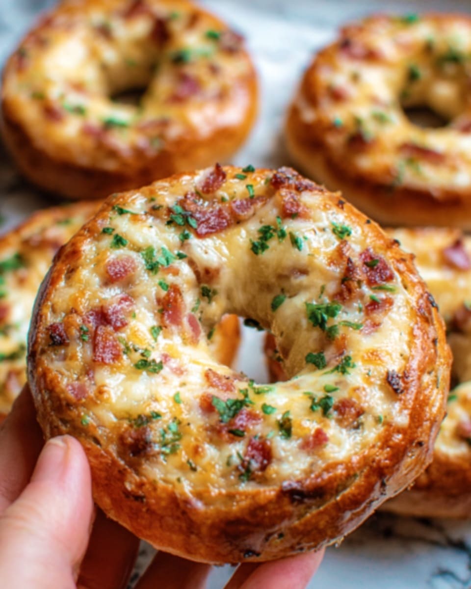A close-up of a woman’s hand holding a bagel with three layers: a golden-brown crispy outside crust, a creamy white layer with small bits of green herbs and orange pieces spread thickly on top, and the soft, light brown bagel base. The bagel has a hole in the center and the creamy topping looks slightly melted and decorated with chopped green herbs. In the background, more bagels with similar toppings lie on a white marbled surface. photo taken with an iphone --ar 4:5 --v 7