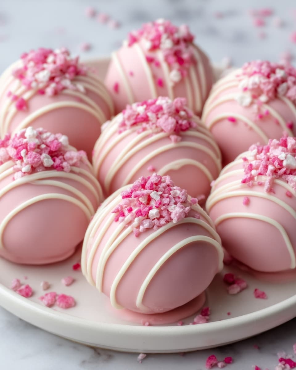 The image shows a white plate filled with round pink cake balls covered in smooth pink coating. Each cake ball has thin white drizzle lines that curve gracefully over the surface, and the top of each one is decorated with small pink and white crunchy bits. A few of these crunchy pieces are scattered around the plate on a white marbled surface, creating a soft contrast. The cake balls are arranged close together, showing their smooth texture and delicate decoration clearly. Photo taken with an iphone --ar 4:5 --v 7