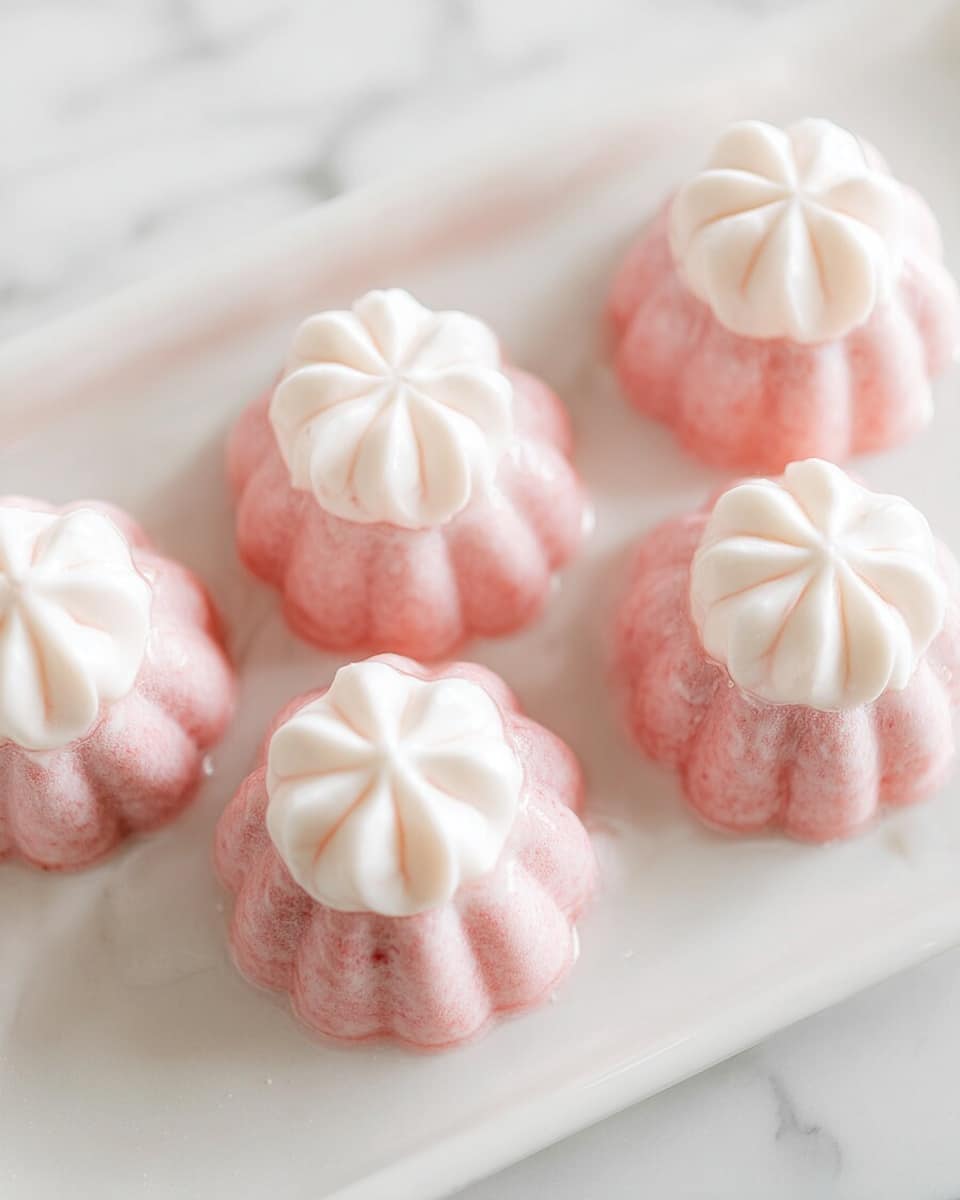 The image shows five small, round pink desserts arranged on a white plate with a soft texture and a slightly translucent look. Each dessert has a white, creamy swirl on top that forms a flower-like shape with soft, smooth petals. The pink base has a fluted pattern on the sides, giving it a gentle ridged texture, and the white creamy top contrasts with the pink base, adding a delicate look. The plate rests on a surface with a white marbled texture. photo taken with an iphone --ar 4:5 --v 7