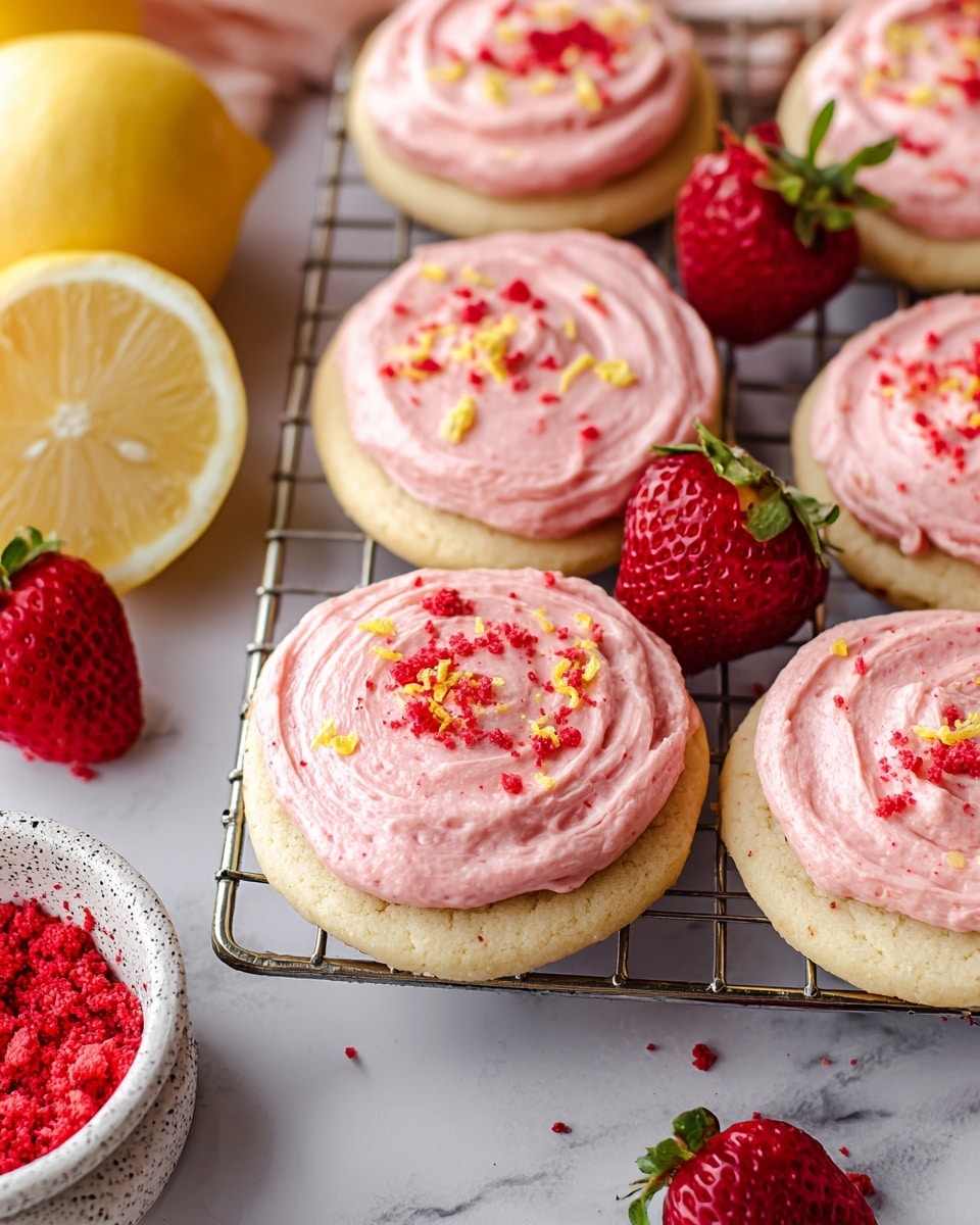 The image shows six round sugar cookies with a soft pink frosting spread in a thick, swirling layer on top, each sprinkled with small pieces of red strawberry bits and tiny yellow lemon zest flakes. The cookies are placed on a silver cooling rack set on a white marbled surface. Around the cookies, there are fresh strawberries with green tops and a large lemon half showing its juicy yellow inside. A white bowl filled with freeze-dried strawberry pieces also appears on the bottom left corner, and a pale pink cloth is partly visible on the left edge. photo taken with an iphone --ar 4:5 --v 7