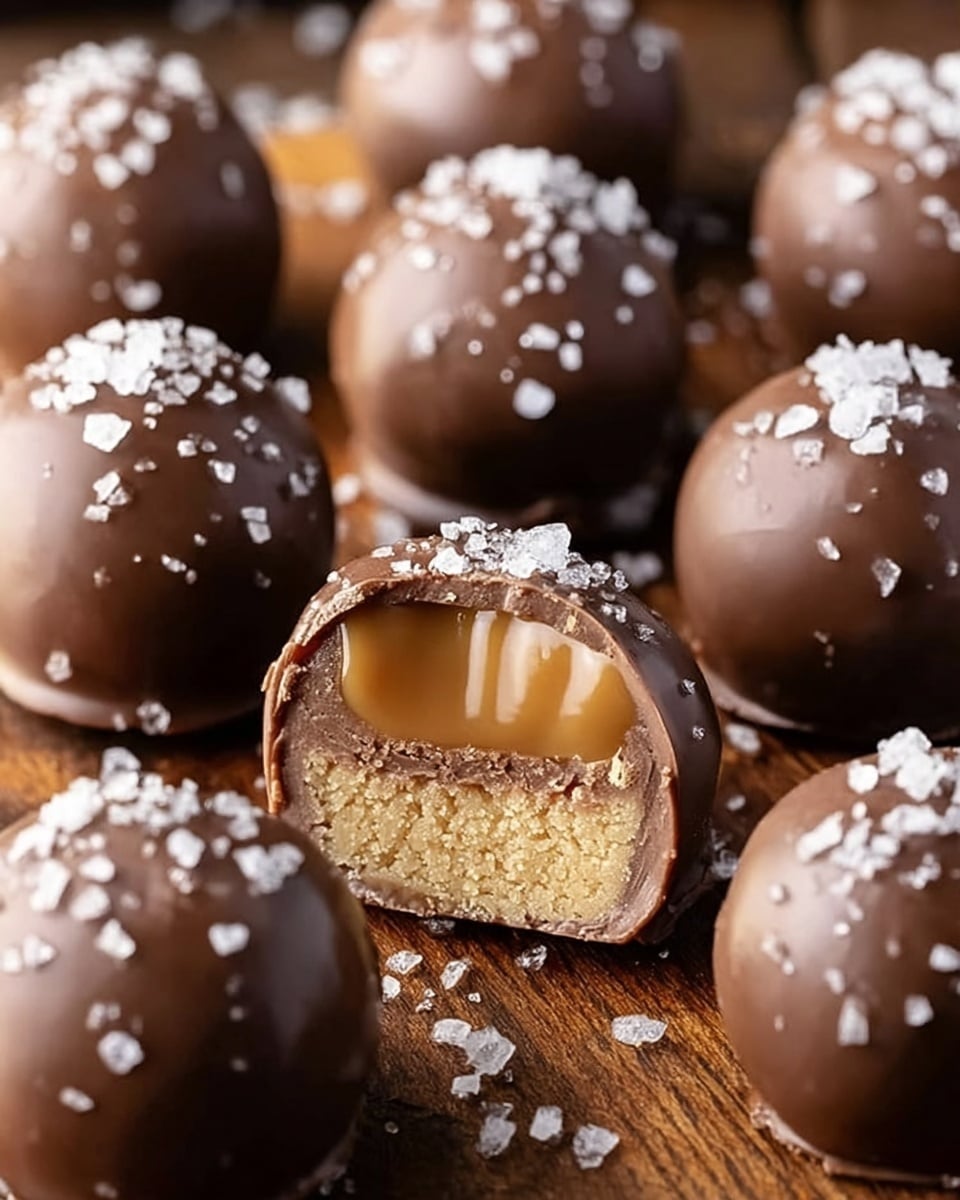 The image shows round chocolate truffles with a smooth, shiny milk chocolate outer layer sprinkled with small white salt crystals on top, arranged on a wooden surface. One truffle is cut in half at the center front, revealing three layers inside: a thin milk chocolate shell, a soft caramel layer in the middle with a glossy texture, and a slightly crumbly, light beige cookie base at the bottom. The chocolate truffles have a rich, creamy look, and the salt crystals add texture contrast. Photo taken with an iphone --ar 4:5 --v 7
