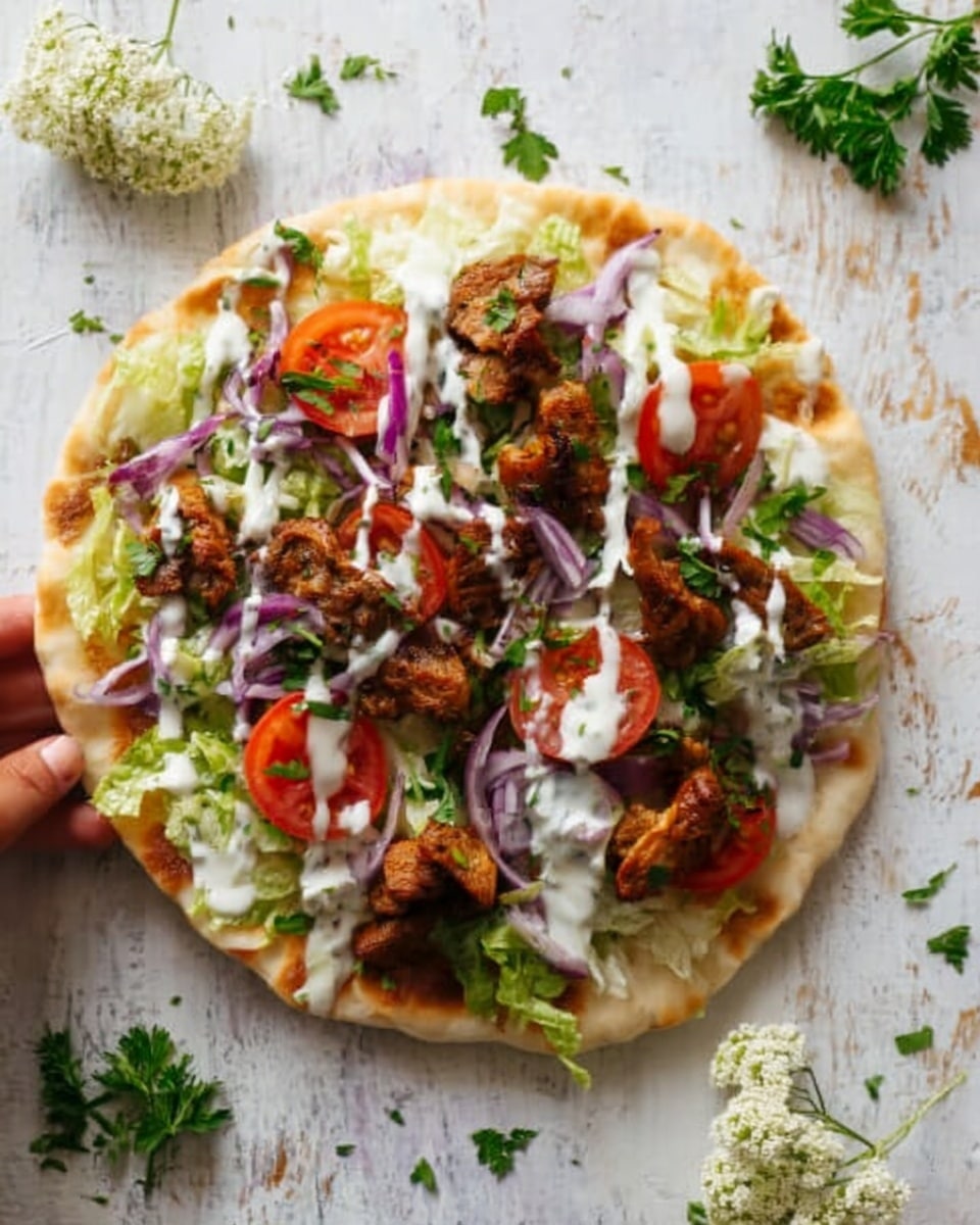 A flat round flatbread topped with multiple layers: the bottom layer is a pale beige flatbread, spread with a layer of green lettuce leaves. On top of the lettuce, there are chunks of red tomato and thin slices of purple onion scattered around. Over this, pieces of browned grilled meat are placed evenly. The dish is finished with a drizzle of white sauce over all the toppings. The food is laid on a white plate, placed on a white marbled surface, with some white flowers and green herbs around. A woman's hand is seen in the corner holding the plate. Photo taken with an iphone --ar 4:5 --v 7