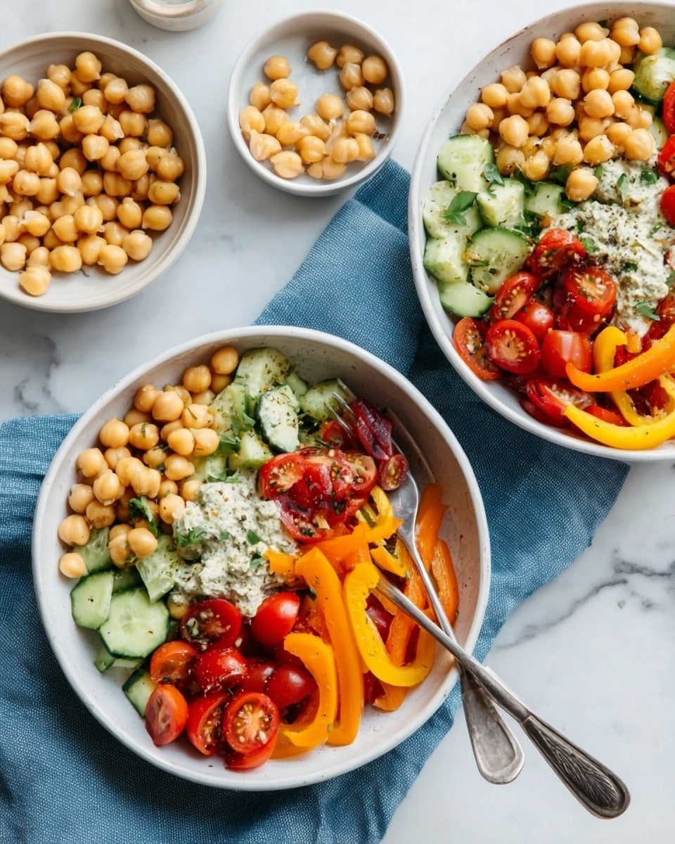 The image shows three white bowls filled with colorful salad arranged on a blue fabric surface with a white marbled texture underneath. Each bowl has several layers: the bottom layer is a mix of orange and yellow sliced bell peppers, followed by a layer of fresh green cucumber chunks on one side, then light brown chickpeas covering a large part of the bowl, with a small heap of white creamy dressing in the middle. There are also bright red roasted tomatoes placed near the cucumber, and the salad looks fresh and vibrant with the colors nicely separated. Beside the bowls, there is a small white bowl filled with chickpeas. A woman's hand is holding a fork over one of the bowls ready to eat. photo taken with an iphone --ar 4:5 --v 7