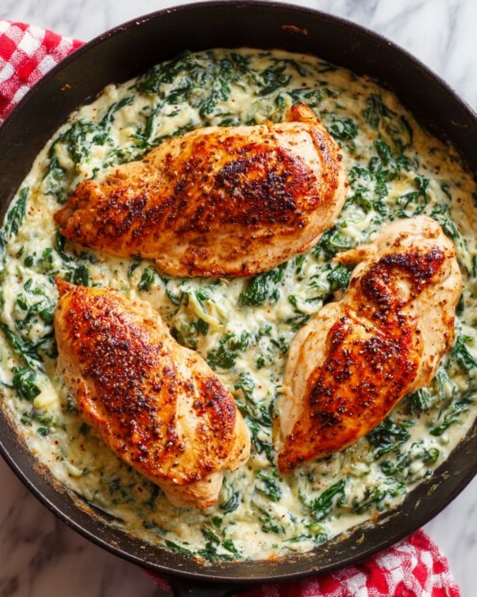 A black cast iron pan holds three golden-brown grilled chicken breasts placed on a thick bed of creamy cooked spinach with visible green leaves and a smooth texture. The chicken breasts have a slightly crispy, seasoned surface with char marks and a juicy appearance. The creamy spinach underneath is evenly spread and contrasts with the warm tones of the chicken. Everything rests on a white marbled surface with a red and white checked cloth partially visible beside the pan. Photo taken with an iphone --ar 4:5 --v 7