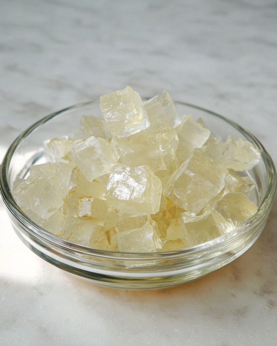 A clear, round glass bowl holds many small, translucent jelly cubes. The cubes are light yellow to nearly white, with a smooth, slightly shiny texture, and they fill the bowl loosely in a single layer. The bowl is placed on a surface with a white marbled texture, creating a clean and bright background. Photo taken with an iphone --ar 4:5 --v 7