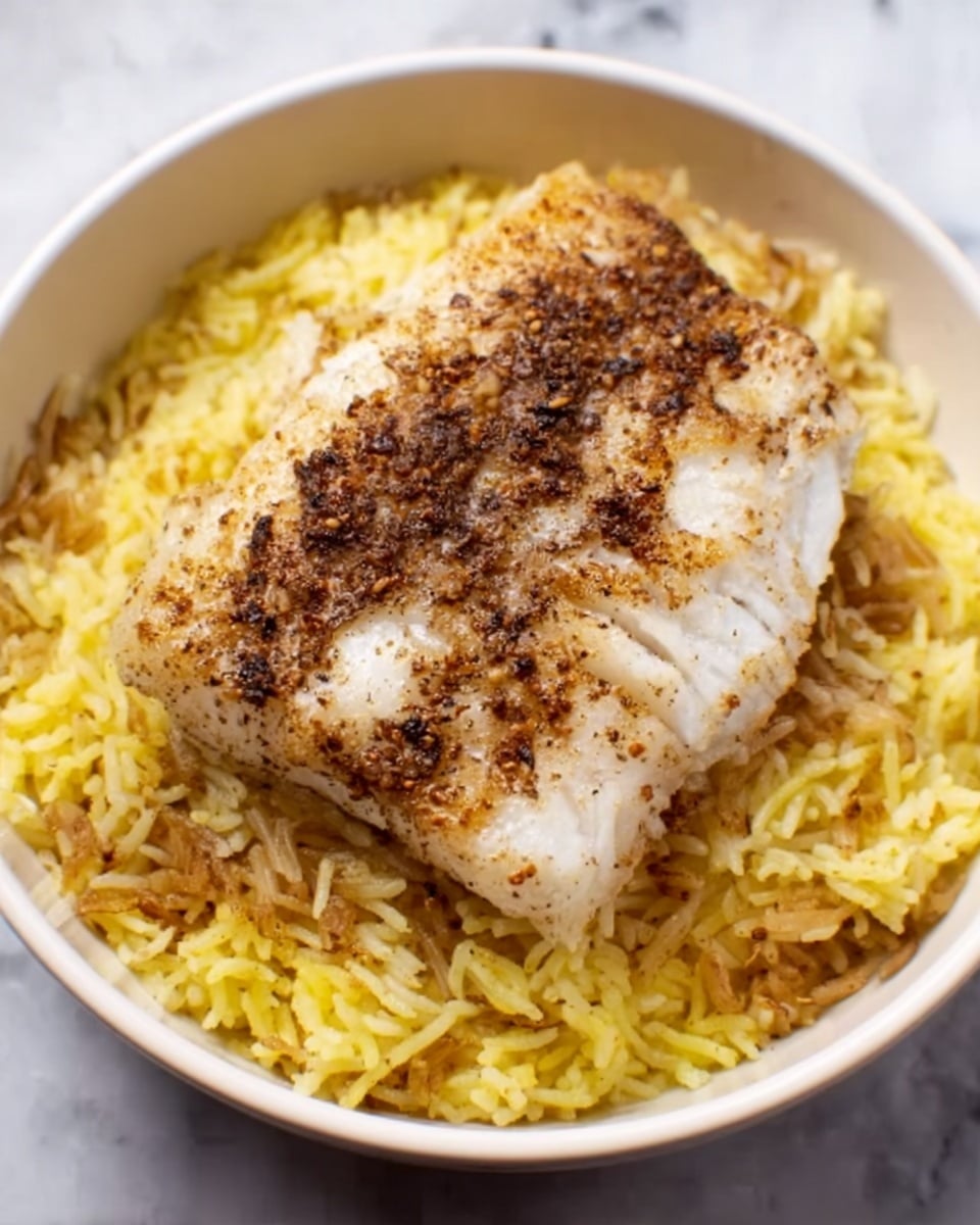 A white bowl filled with a bed of fluffy yellow rice that forms the bottom layer, with a large, thick piece of grilled white fish seasoned with spices placed on top in the center. The fish has a slightly crispy, browned surface with visible grill marks. The bowl is placed on a white marbled surface, enhancing the colors of the dish. Photo taken with an iphone --ar 4:5 --v 7