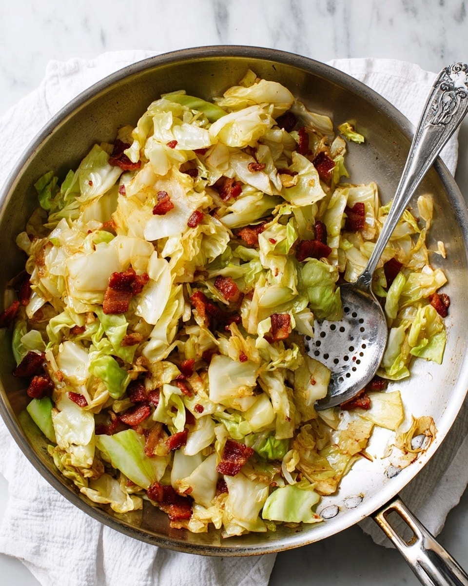 A large pan filled with cooked chopped cabbage mixed with small pieces of browned bacon and cooked onion bits. The cabbage is soft with slight golden and greenish-white shades, showing a tender, cooked texture. The bacon pieces are dark brown with a crisp look scattered evenly throughout. There is a metal slotted spoon resting on the right side inside the pan, partially covered with cooked bits. The pan is placed on a white marbled surface, next to a white plate holding two forks. The scene is bright with natural light. photo taken with an iphone --ar 4:5 --v 7