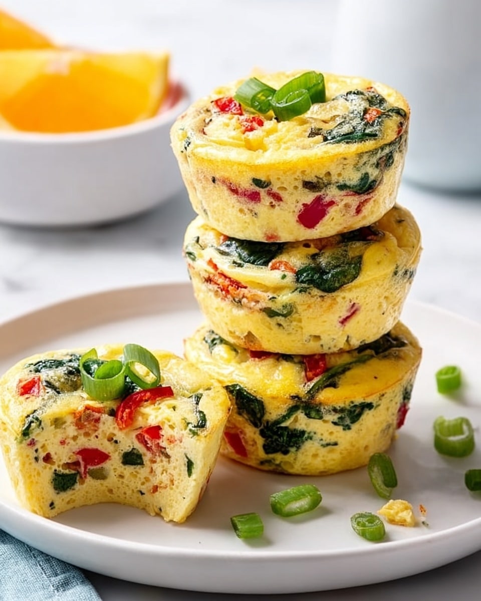 A stack of four mini egg muffins sits on a round white plate, each muffin showing bright yellow egg with green spinach leaves and small pieces of red bell pepper inside. The top muffin is garnished with chopped green onions. Next to the stack, there is a broken muffin revealing its soft inside with visible spinach and red pepper pieces. Some green onion slices are scattered on the plate around the muffins. In the background, a wedge of orange sits inside a white bowl, placed on a white marbled surface. Photo taken with an iphone --ar 4:5 --v 7