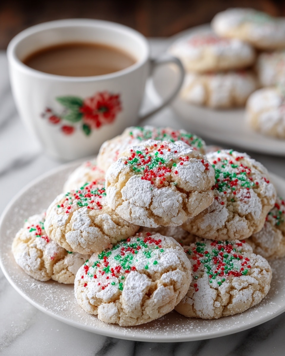 A white plate holds a pile of round cookies that have a rough, cracked texture. Each cookie is coated in a layer of white powdered sugar with red, green, and white sprinkles on top, adding bright color dots. The cookies are pale beige underneath the sugar and sprinkles, showing soft cracks on the surface. In the background, there is a white marbled surface with another plate of cookies and a white cup decorated with a red and green floral pattern filled with a brown liquid, possibly tea or coffee. The scene is close-up and soft-focused in the background. photo taken with an iphone --ar 4:5 --v 7