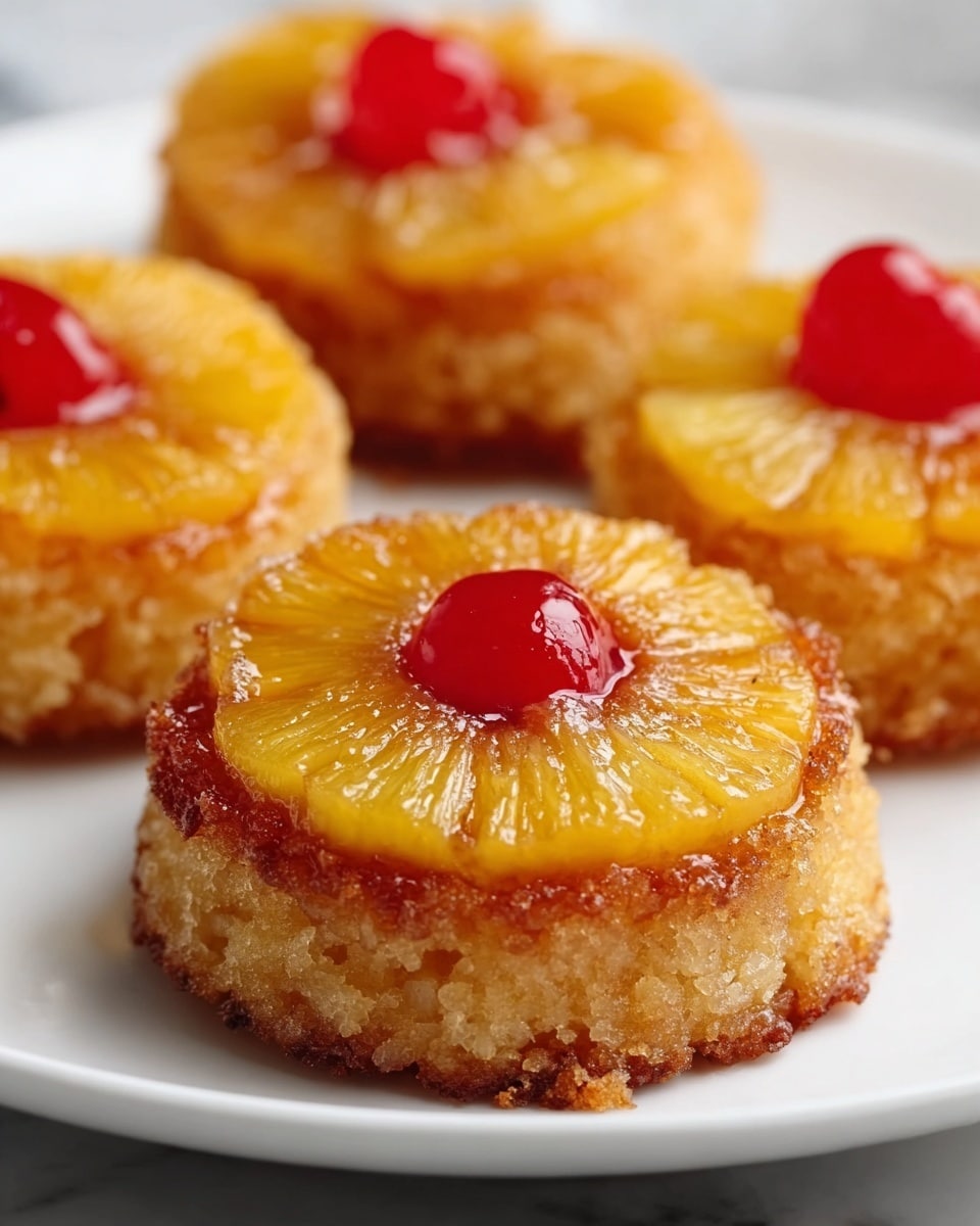 A close-up image shows four pineapple upside-down mini cakes on a white plate placed on a white marbled surface. Each small round cake has two layers: a golden brown, textured cake base with a slightly crisp, crumbly edge, topped with a glossy, caramelized pineapple slice in a yellow-orange color. At the center of the pineapple slice sits a bright, shiny red maraschino cherry, creating a vibrant contrast. The cakes are arranged closely but not touching, with a soft focus on the background cakes. photo taken with an iphone --ar 4:5 --v 7