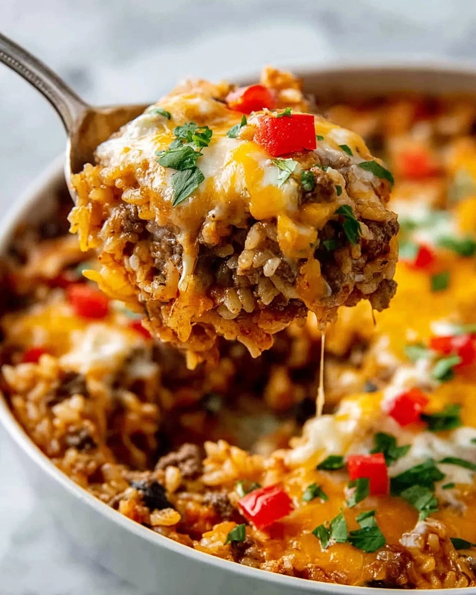 The image shows a close-up of a spoon scooping a colorful, layered dish from a white bowl with a red rim placed on a white marbled surface. The dish has a base layer of brown cooked ground meat mixed with rice, topped with melted yellow cheese sprinkled with small green cilantro leaves. Bright red bell pepper pieces and lighter yellow crunchy chips add more color and texture on top. The melted cheese looks soft and stretchy, mixing with the warm rice and meat, creating a rich, hearty look. Photo taken with an iphone --ar 4:5 --v 7