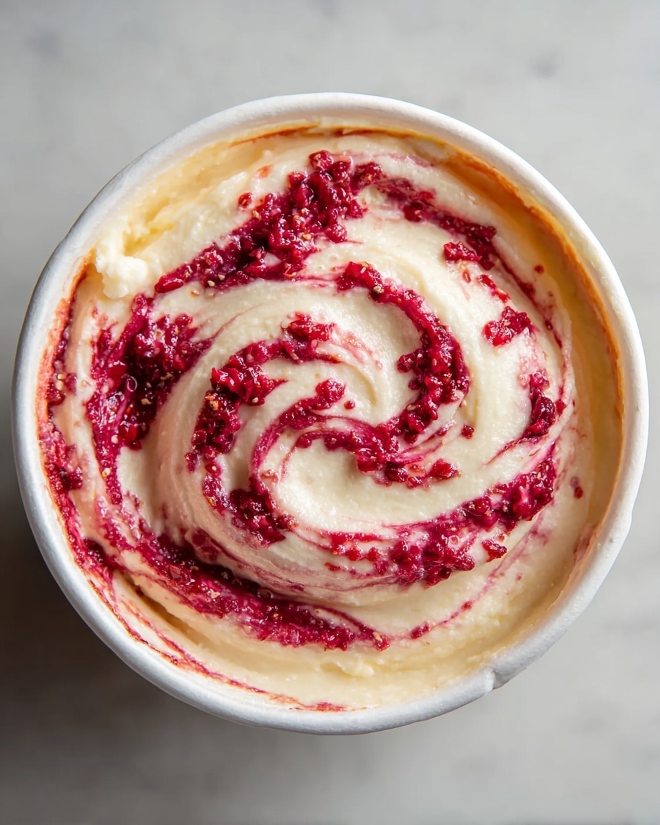 A white bowl filled with a smooth mix of creamy white and deep red layers swirled together in a spiral pattern, showing a thick texture with visible small red berry pieces and a honey-like golden drizzle spread unevenly throughout the swirl, all on a white marbled surface. photo taken with an iphone --ar 4:5 --v 7
