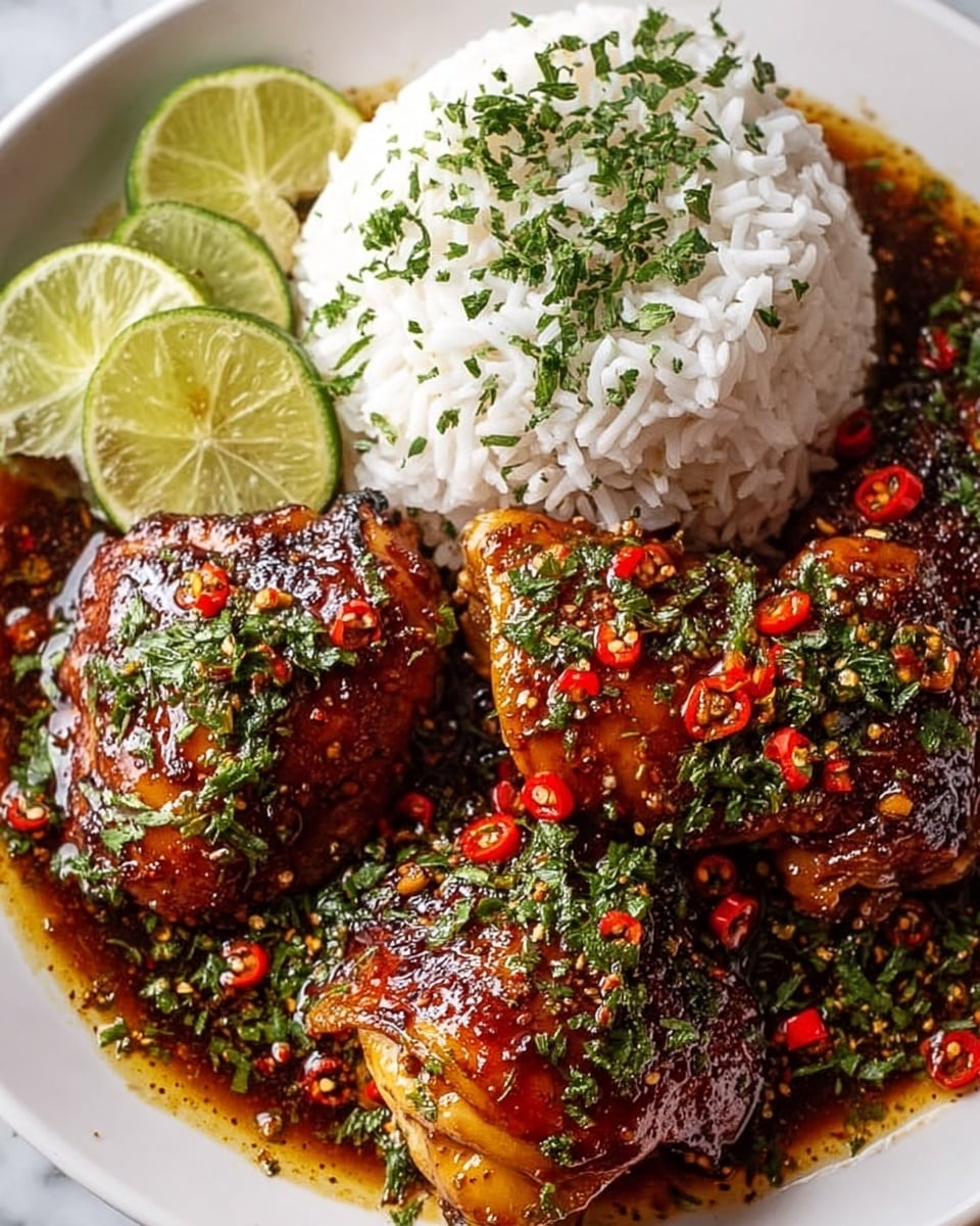 A white plate on a white marbled surface holds three golden-brown grilled chicken thighs covered in a glossy, reddish-brown sauce with visible chili flakes and chopped green herbs sprinkled on top; next to the chicken is a neat mound of white rice topped with fresh chopped green herbs, and two lime slices are placed at the top and right edges of the plate. photo taken with an iphone --ar 4:5 --v 7