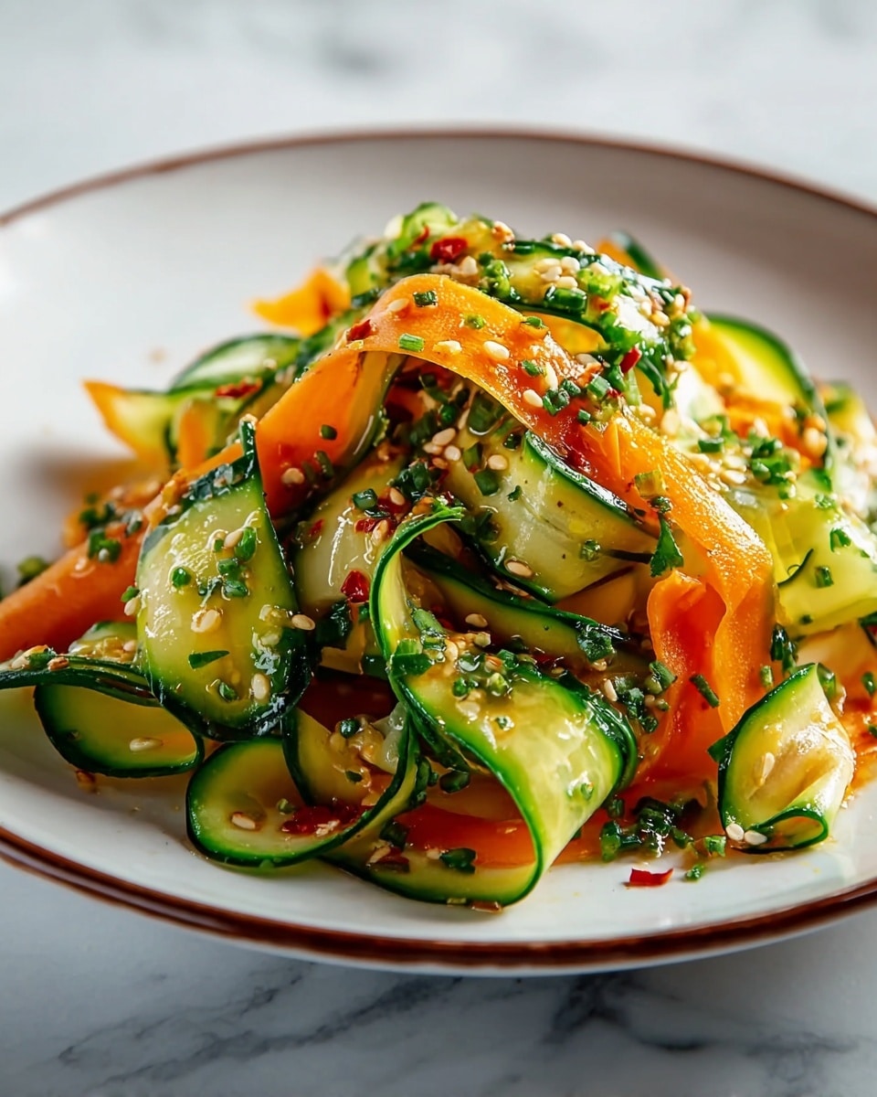 A white bowl holds a fresh salad made of two main layers: thin, curled green cucumber ribbons with dark green edges and smooth pale green centers, mixed with thin, slightly twisted orange carrot ribbons. The salad is topped with small white sesame seeds, tiny red chili flakes, and finely chopped green herbs scattered evenly over the vegetables. The texture looks shiny and moist, and the ingredients are piled high in the center of the bowl, creating a colorful, fresh, and appetizing look. The background features a white marbled texture. photo taken with an iphone --ar 4:5 --v 7