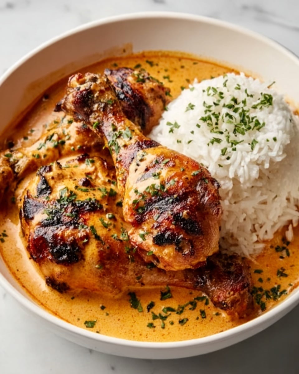 A white bowl holds three grilled chicken drumsticks with char marks, covered in a creamy orange sauce speckled with green herbs. To the right of the drumsticks is a mound of white rice sprinkled lightly with green herbs. The bowl sits on a white marbled surface. The scene is bright and clear, showing the textures of the sauce, rice grains, and grilled chicken skin. photo taken with an iphone --ar 4:5 --v 7