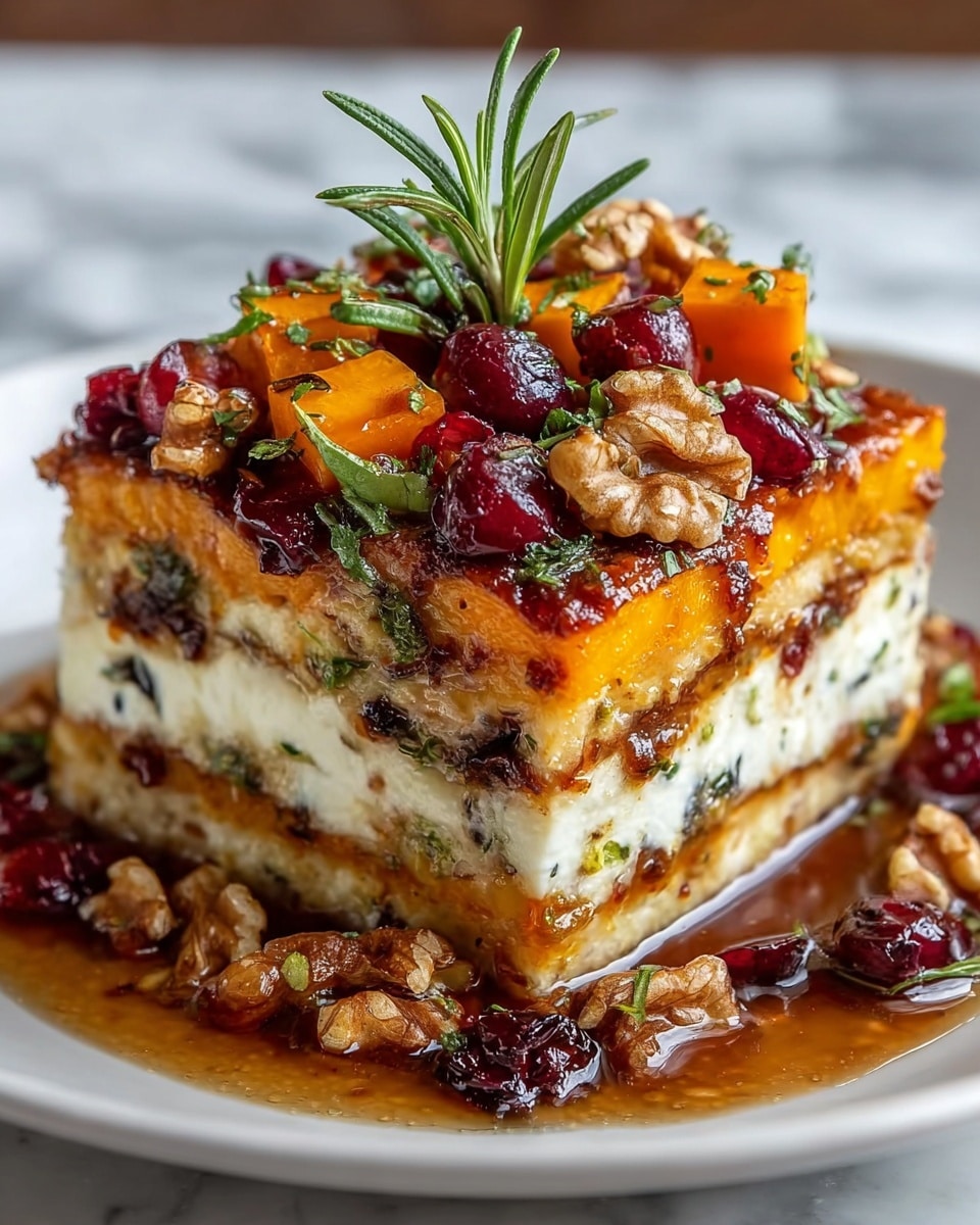 A three-layer square slice of food sits on a white plate with a white marbled background. The bottom layer is golden brown and crispy, topped by a thick white creamy layer with tiny black specks. The middle layer is an orange, smooth, and soft texture, followed by another white creamy layer similar to the first. The top layer is golden brown with a slightly crispy texture and is covered with small cubes of bright orange vegetables, chopped herbs, whole walnuts, and whole red cranberries. There is a rosemary sprig standing upright on top. Around the base of the slice on the plate are scattered cranberries, walnut pieces, chopped herbs, and a shiny reddish-brown sauce pooling on the plate. Photo taken with an iphone --ar 4:5 --v 7