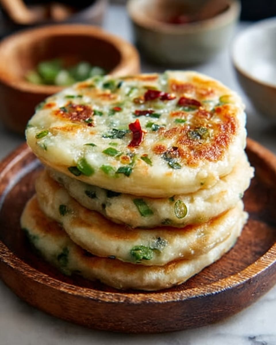 A stack of four round, golden-brown pancakes with green onions mixed throughout, showing small bits of red chili peppers on the top pancake. Each pancake looks thick and soft with a slightly crispy edge, resting on a dark brown wooden plate. The top pancake has a shiny, cooked surface with some darker brown spots, showing a mix of green and white from the onions in the bread. The background is a white marbled texture with blurred bowls and utensils in the distance. Photo taken with an iphone --ar 4:5 --v 7