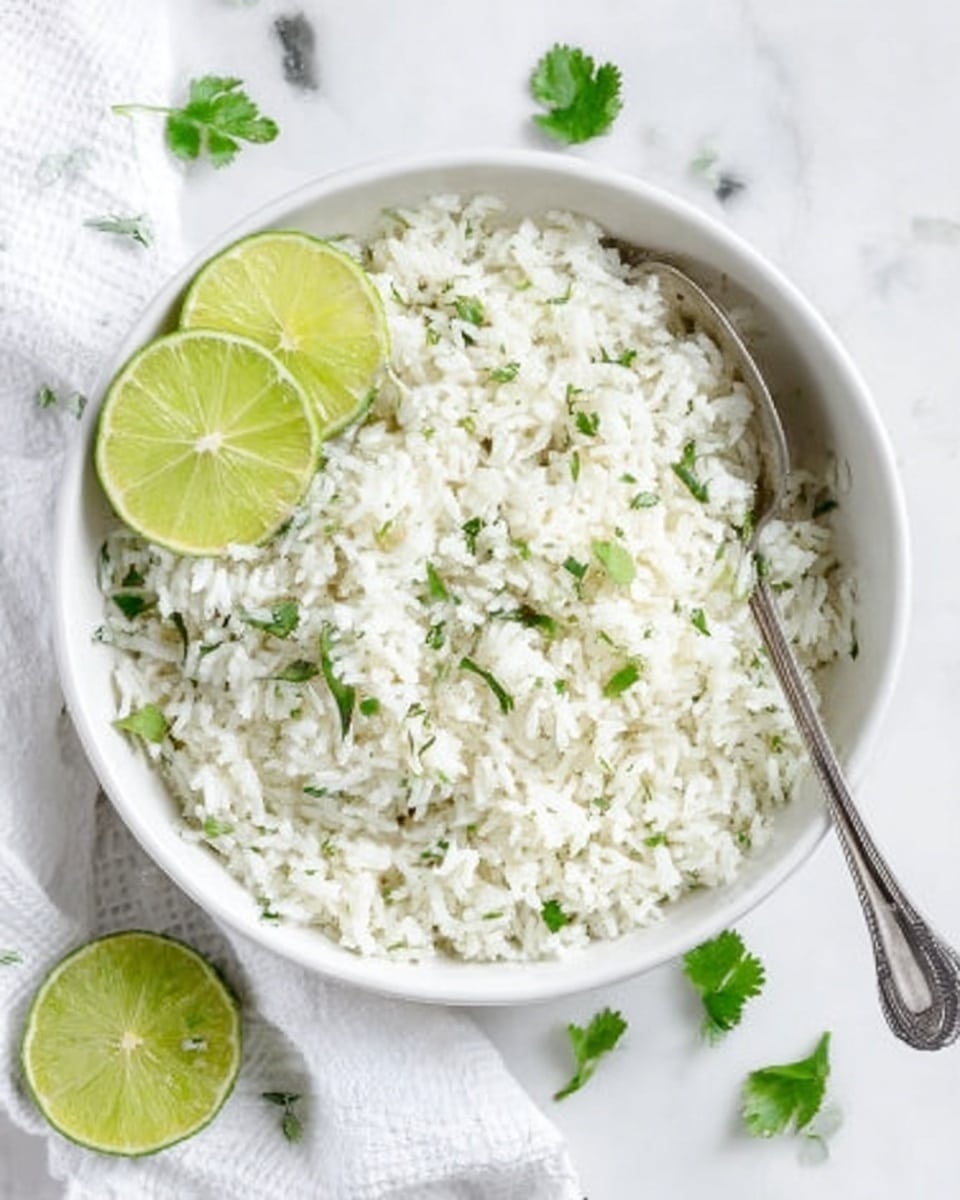 A white bowl filled with fluffy white rice mixed with small green herbs evenly spread throughout, creating a light speckled green effect. A wedge of lime is placed on top near the edge of the bowl, adding a bright green touch. A silver spoon rests inside the bowl on the right side, with its handle leaning on the edge. The bowl sits on a white cloth, all set against a white marbled surface with some lime halves and fresh cilantro scattered in the background. photo taken with an iphone --ar 4:5 --v 7
