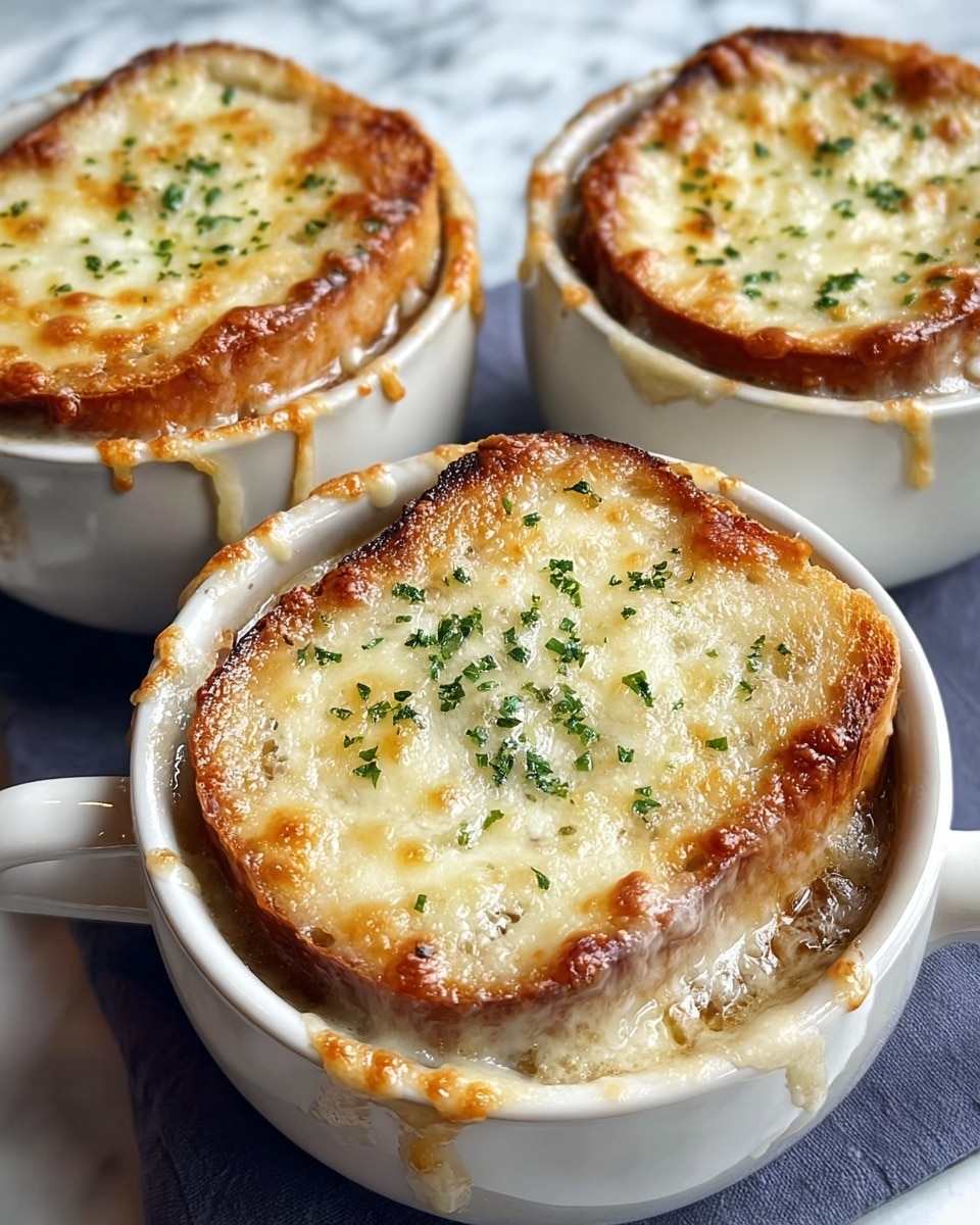 The image shows three bowls of French onion soup, each served in a dark blue bowl with handles, placed on a round white plate with brown speckles. Every bowl is topped with a toasted, thick slice of bread that covers the soup fully, featuring a light golden-brown crust and airy texture. On top of each bread slice is a melted, bubbly layer of cheese that is white with some golden brown spots from baking. Small green herbs are sprinkled over the cheese, adding a touch of color. The bowls sit on a white marbled surface. photo taken with an iphone --ar 4:5 --v 7