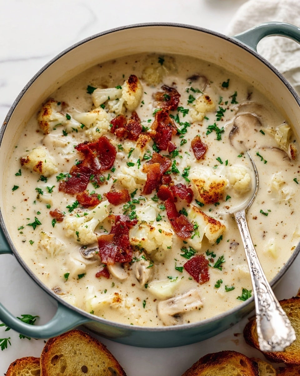 A large teal pot filled with creamy white chowder that has visible chunks of pale yellow potatoes and white cauliflower pieces, mixed with small day-old clam meat pieces throughout. On top, there are crispy reddish-brown bacon bits and green chopped parsley sprinkled, adding texture and color contrast. A silver spoon sits partly in the chowder on the right side of the pot. The pot is placed on a white marbled surface with torn pieces of toasted bread in the blurred background. photo taken with an iphone --ar 4:5 --v 7