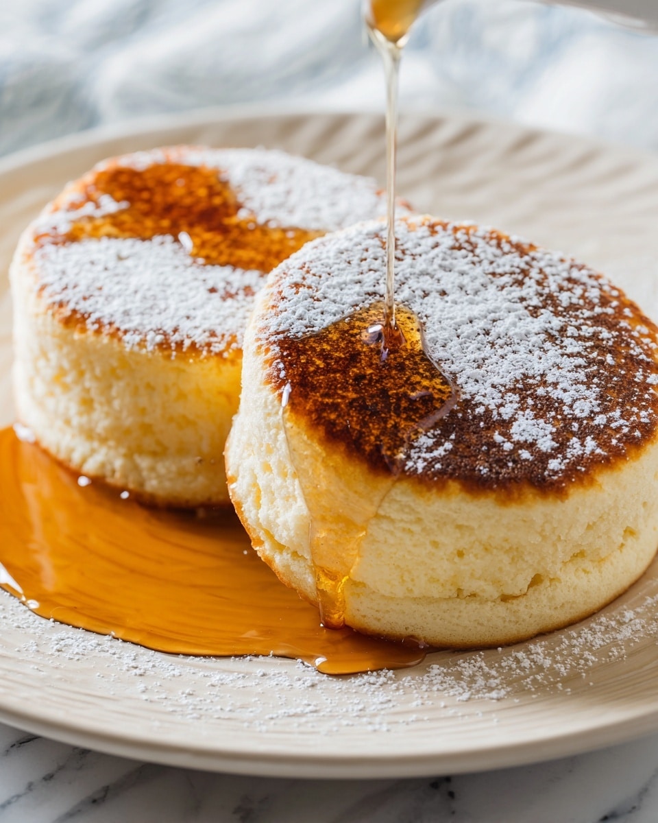 Two thick, round, fluffy pancakes sit side by side on a white plate with fine ridges. Each pancake is a light golden brown on top with a slightly spongy texture on the sides. A light dusting of powdered sugar covers the tops, and rich amber syrup drips down the sides and pools on the white marbled surface below the plate. The background has a soft, neutral tone that complements the warm colors of the pancakes. photo taken with an iphone --ar 4:5 --v 7