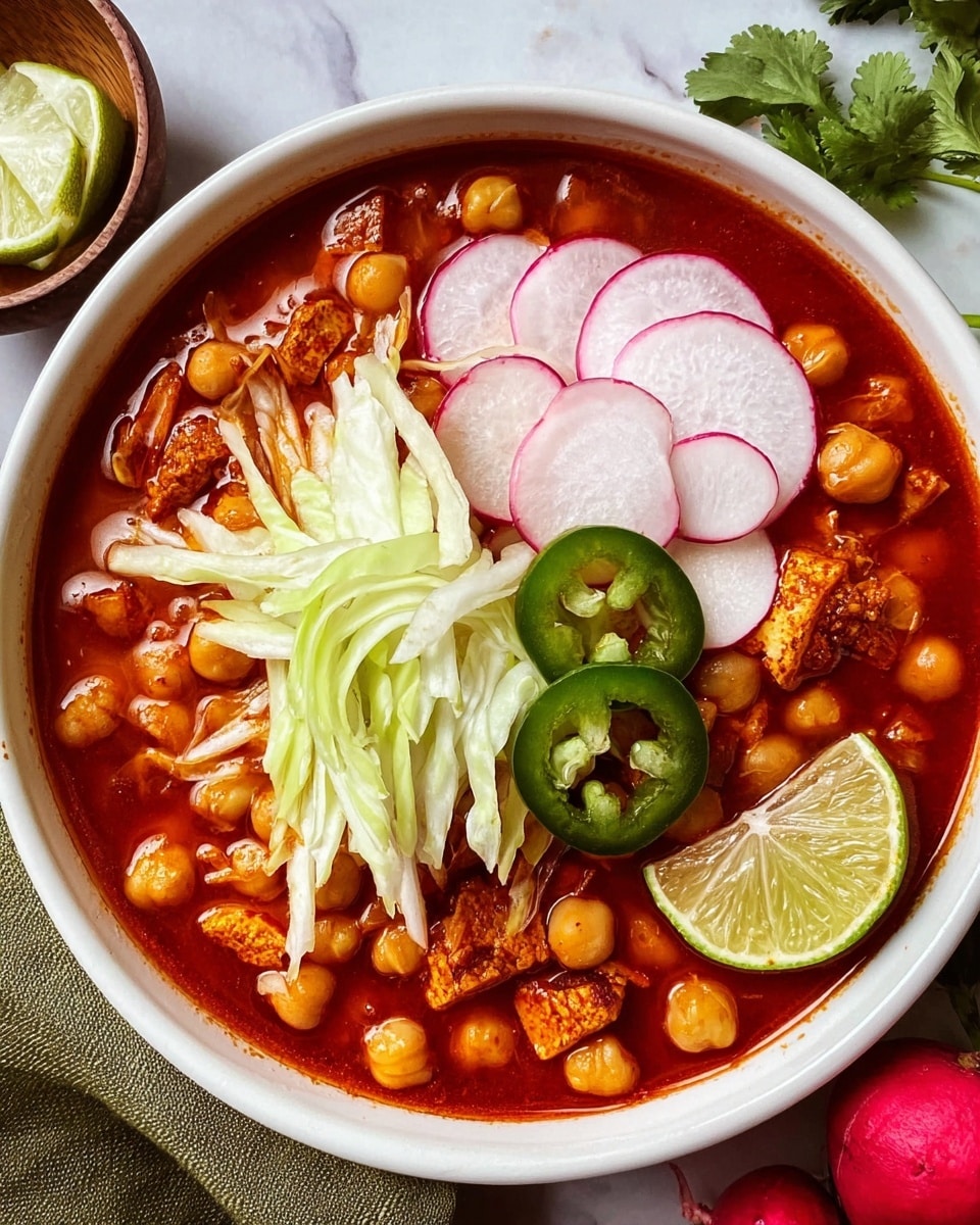 A white bowl filled with rich red soup containing chickpeas and small pieces of tofu or meat evenly spread throughout. On top, there is a layer of fresh shredded light green cabbage placed in the middle, with three thin slices of pale radish with pink edges arranged in a row on one side. Two green jalapeno slices sit next to the cabbage on the upper right, and a wedge of light green lime rests near the cabbage on the bottom right side. The bowl is set on a white marbled surface with a piece of green cloth visible under the bowl's right side. photo taken with an iphone --ar 4:5 --v 7