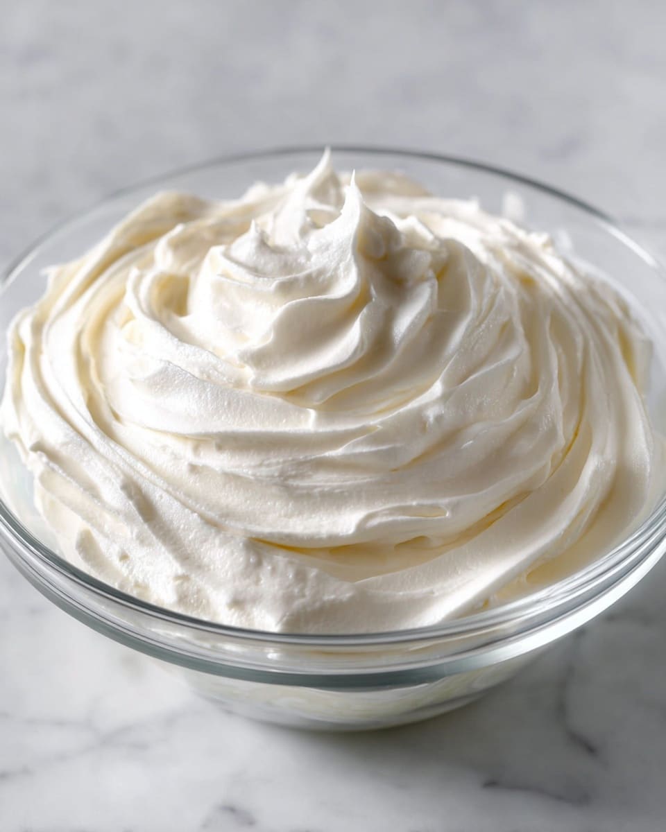 A clear glass bowl filled with a thick, white, creamy frosting that is whipped to a smooth and fluffy texture. The frosting is spread in swirling peaks and soft waves that rise slightly in the center, with gentle folds and ridges creating a rich, airy appearance. The bowl rests on a white marbled surface, enhancing the clean and fresh look of the creamy frosting. photo taken with an iphone --ar 4:5 --v 7