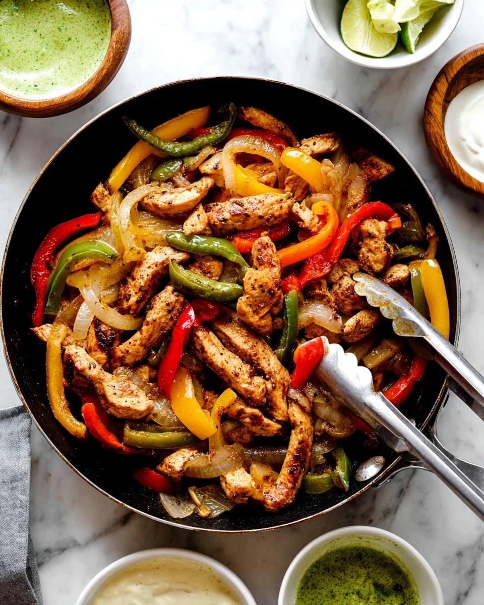 A black pan with a white handle is filled with cooked chicken strips mixed with colorful bell pepper strips in green, yellow, and red, and translucent cooked onion rings, all slightly charred and mixed together in a vibrant, sizzling mix. The pan rests on a white marbled surface with a small white bowl of green sauce above it, partially showing lime halves, and on the right side, there is a white bowl with a tomato-based mix. At the bottom right corner, there is a small wooden bowl with creamy white sauce, and a pair of silver tongs holds a piece of the chicken and peppers inside the pan. Photo taken with an iphone --ar 4:5 --v 7