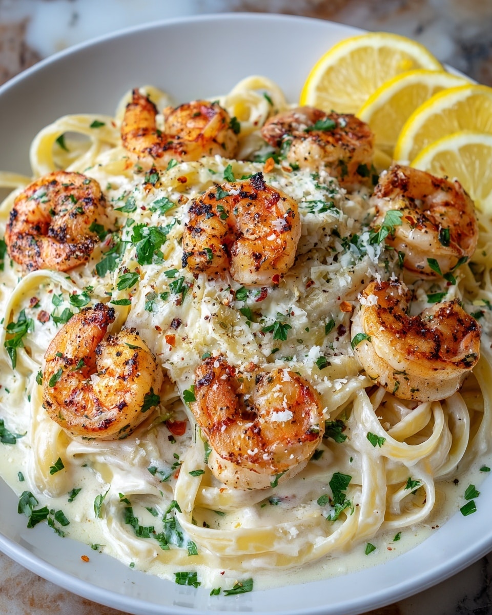 The dish shows a white plate filled with creamy fettuccine pasta, coated in a smooth white sauce sprinkled with bits of green herbs and black pepper. On top, there are about nine large, golden-brown grilled shrimp arranged evenly, each with a slightly crispy texture and scattered red chili flakes. Two lemon wedges rest at the back of the plate, adding a bright yellow pop of color. The creamy sauce pools gently around the pasta, and finely chopped green parsley is sprinkled across the entire dish for a fresh touch. photo taken with an iphone --ar 4:5 --v 7