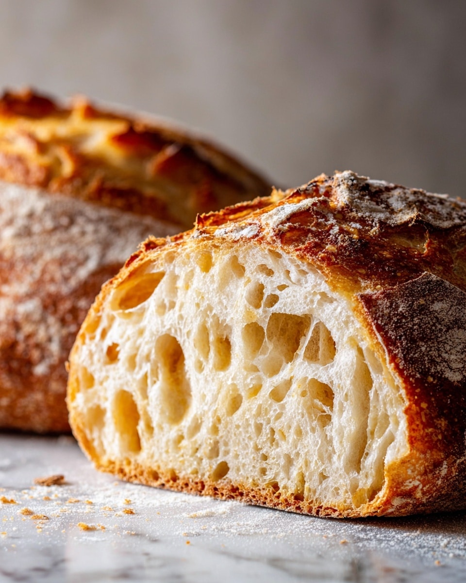 A close-up image of a thick slice of crusty bread with a rough, golden-brown crust on the outside and a soft, light cream inside filled with big air holes. Behind it, more rustic bread pieces are slightly blurred. The bread rests on a white marbled surface with crumbs and some butter nearby. The photo was taken with an iphone --ar 4:5 --v 7