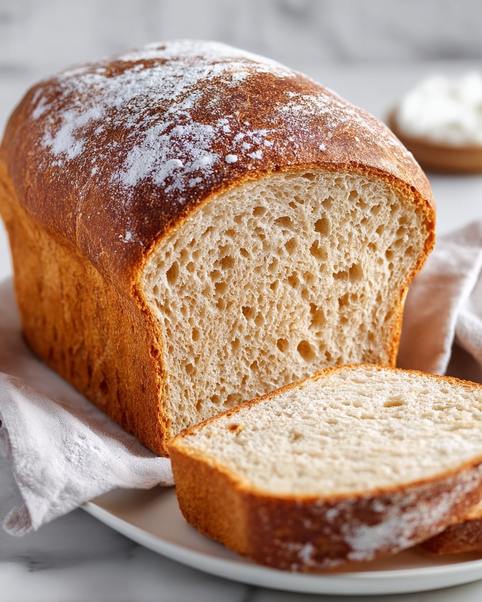 A close-up view of a sliced loaf of bread shows a thick, rough brown crust on the top with a dusting of white flour. The inside is soft with a light cream color, and it reveals an airy, spongy texture with small holes throughout. One slice is laid flat in front of the loaf on a white plate, with the crust forming a golden edge around the slice. The background is a white marbled surface. photo taken with an iphone --ar 4:5 --v 7