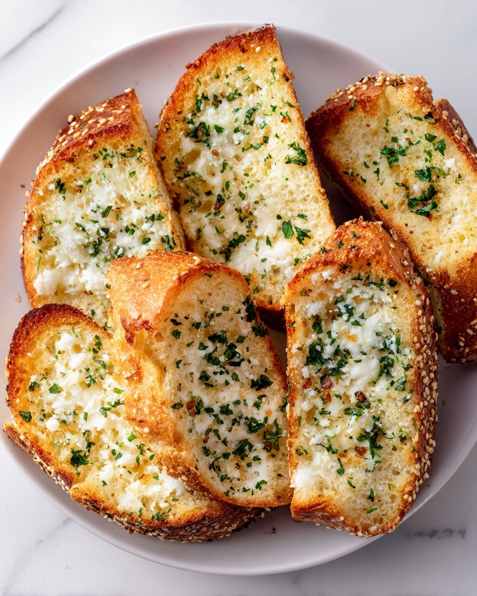A white plate holds several thick slices of golden brown garlic bread with a slightly crispy crust. Each slice is layered with melted white cheese and sprinkled with finely chopped green herbs, creating a textured, creamy topping over the soft, porous white bread inside. The bread is arranged in a slightly overlapping line, with a blurred loaf visible in the background on a white marbled texture surface. Photo taken with an iphone --ar 4:5 --v 7