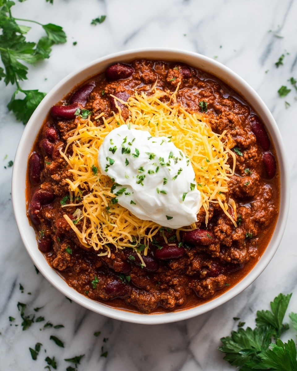 The image shows a white bowl filled with chili consisting of ground meat and dark red kidney beans in a thick red sauce. On top, there is a dollop of white sour cream, shredded yellow cheese, and chopped green herbs sprinkled over the chili. The bowl is placed on a white marbled surface with some green herbs nearby. Photo taken with an iphone --ar 4:5 --v 7