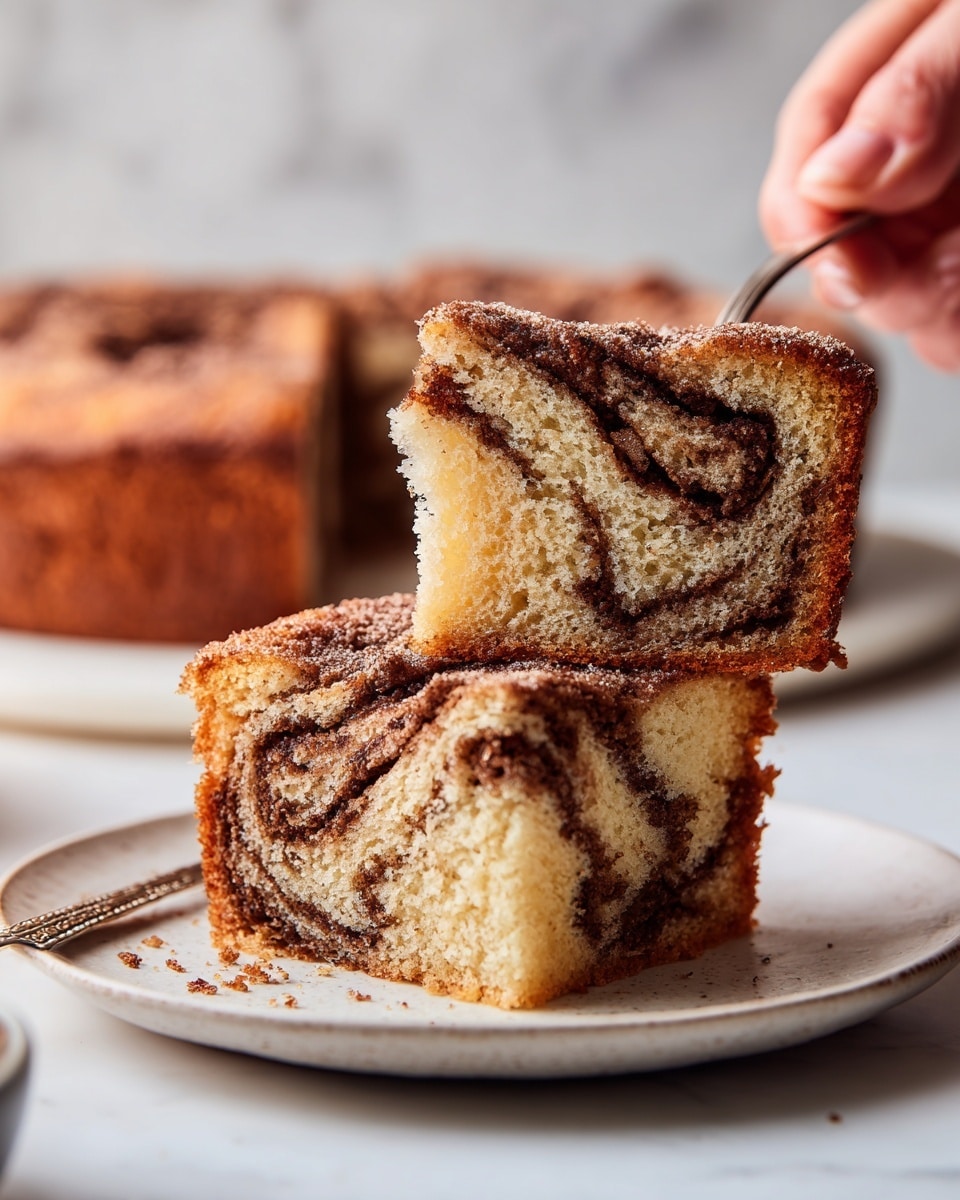 The image shows a square cinnamon swirl cake with two visible layers: the outer crust is a dark golden brown with a slightly textured, crisp surface, while the inside is a soft light beige cake with a swirling dark brown cinnamon layer running through the center and top. A slice is lifted above the cake with a fork held by a woman's hand, revealing the moist crumb and well-defined cinnamon swirl inside. The cake rests on a plain white round plate, placed on a white marbled textured surface with a softly blurred kitchen background. Photo taken with an iphone --ar 4:5 --v 7