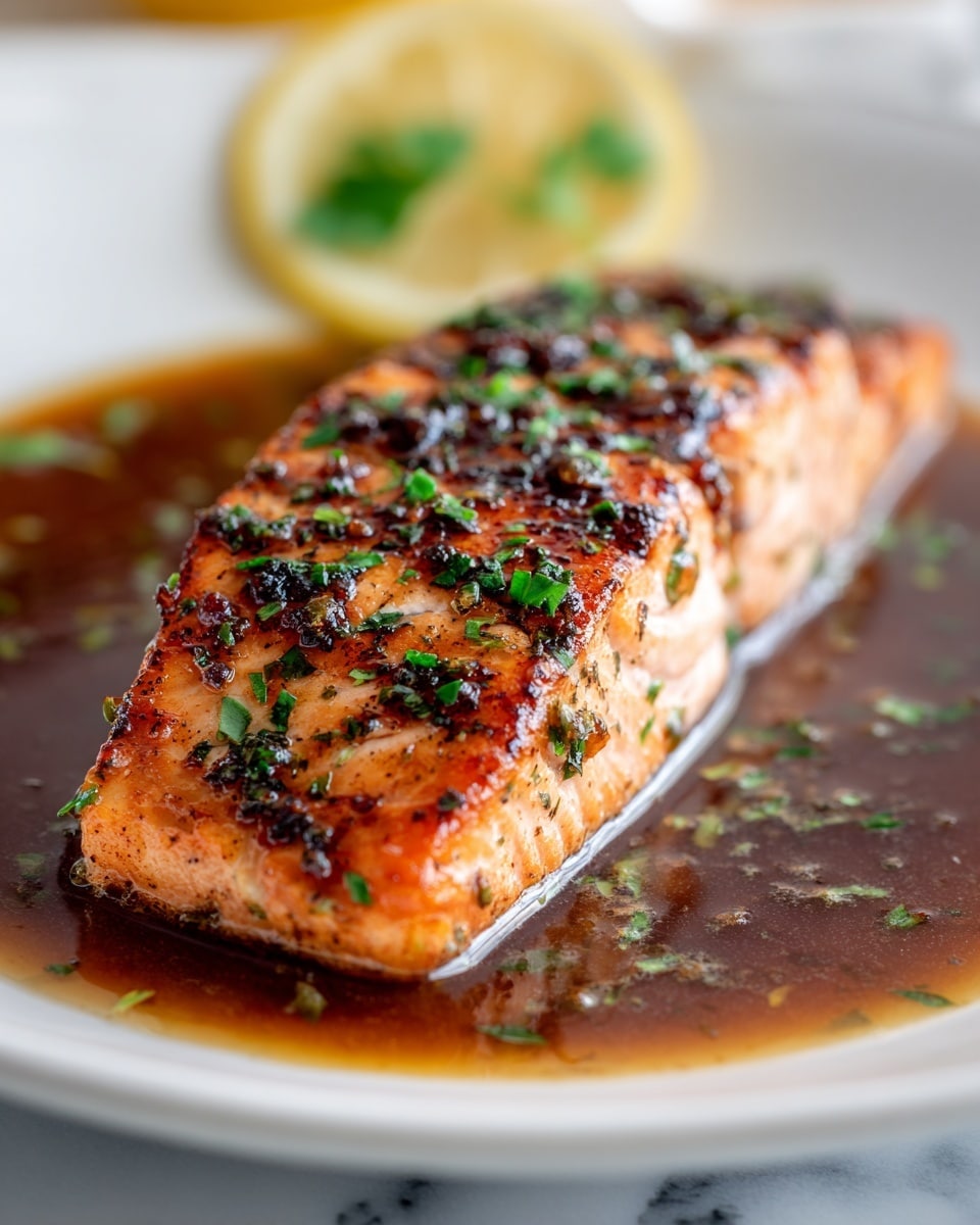 A single piece of grilled salmon fillet sits in a shallow pool of glossy brown sauce on a white plate. The salmon has a crisp, dark golden-brown top layer with char marks, sprinkled with finely chopped green herbs scattered evenly across the surface. The middle layer is a lighter pink-orange with a soft texture showing through slightly under the grilled top. The bottom layer fades into a pale pink that meets the sauce. In the blurred background, there are slices of lemon and some green garnish, all set on a surface with a white marbled texture. Photo taken with an iphone --ar 4:5 --v 7