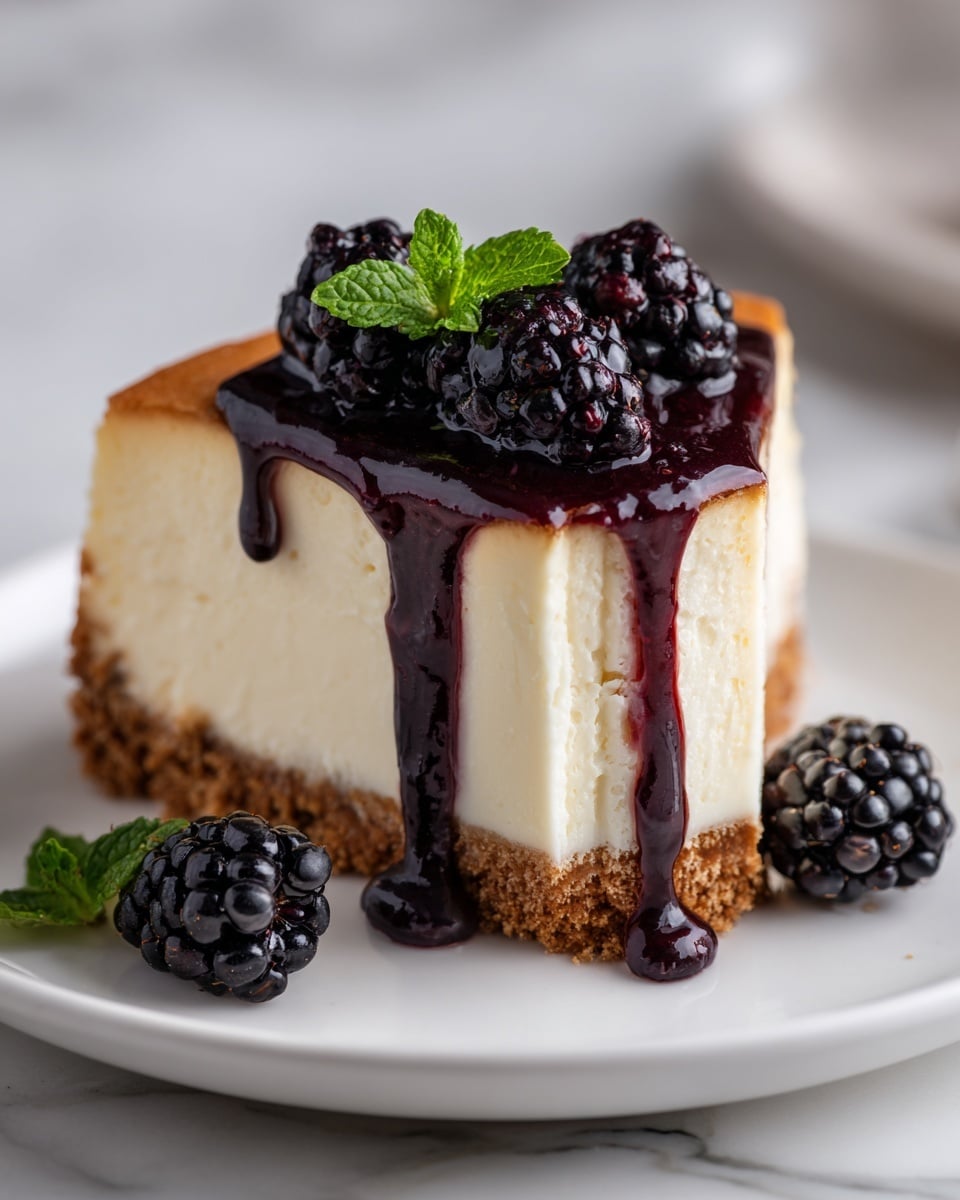A slice of cheesecake with three visible layers sits on a white plate. The bottom layer is a firm, crumbly brown crust, the middle layer is thick, smooth, and creamy white cheesecake, and the top layer is a thin, golden brown baked surface. Blackberries are placed on top of the cheesecake, with dark purple sauce dripping from the berries down the slice's side. A small green mint leaf rests on the blackberries. A white marbled surface is in the background. Photo taken with an iphone --ar 4:5 --v 7